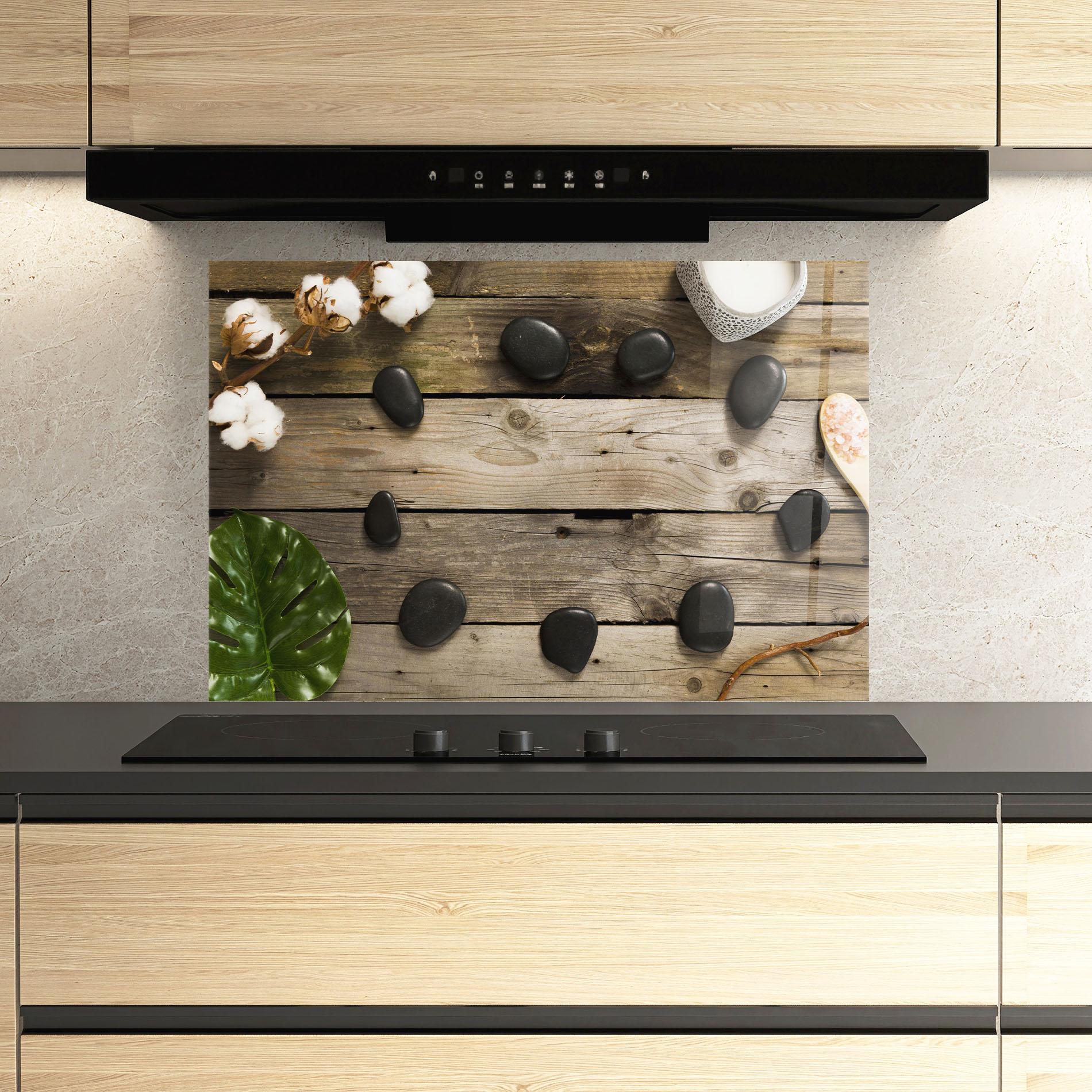 Konyhai üveg hátfal Cotton Flowers Stones mockup 3