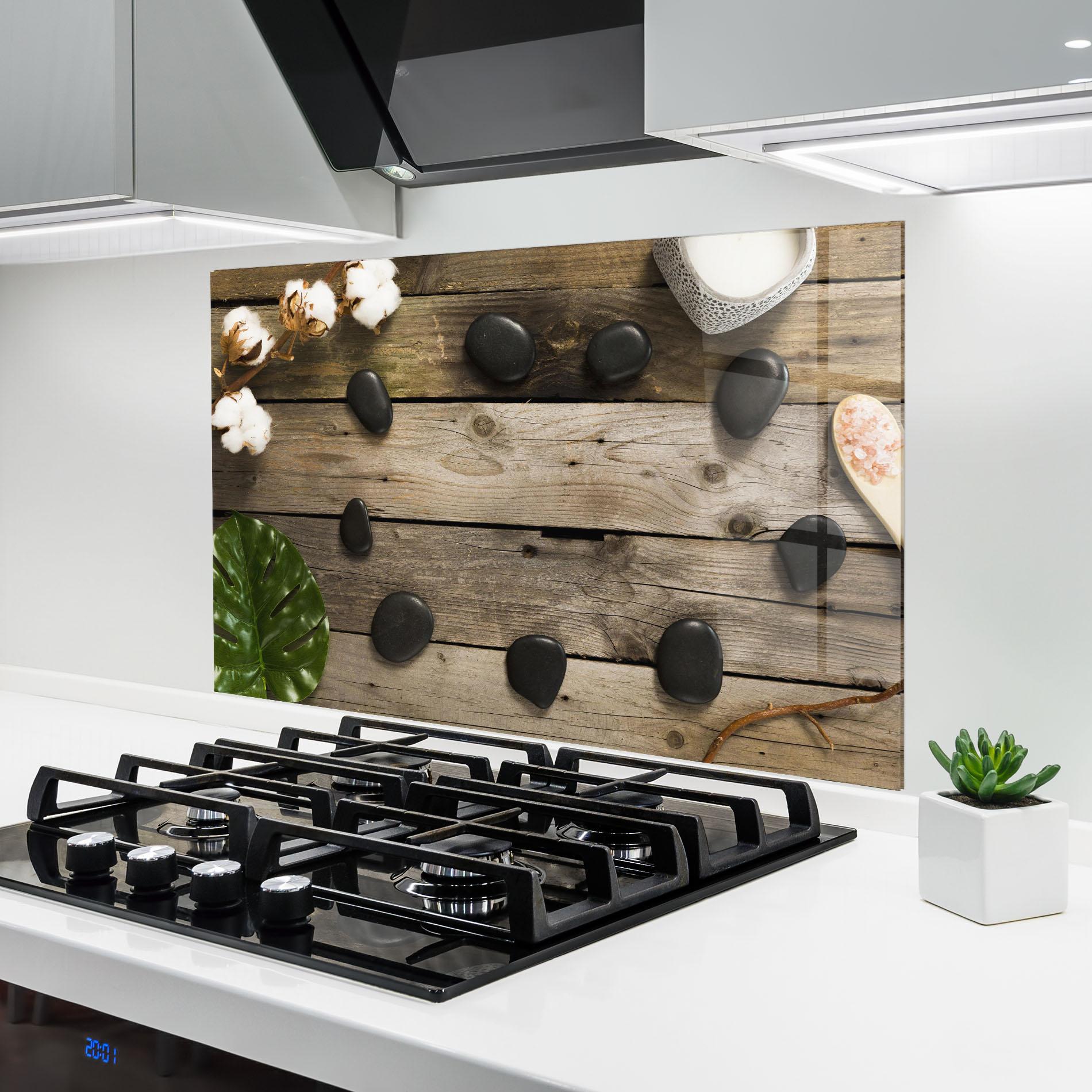 Konyhai üveg hátfal Cotton Flowers Stones mockup 6