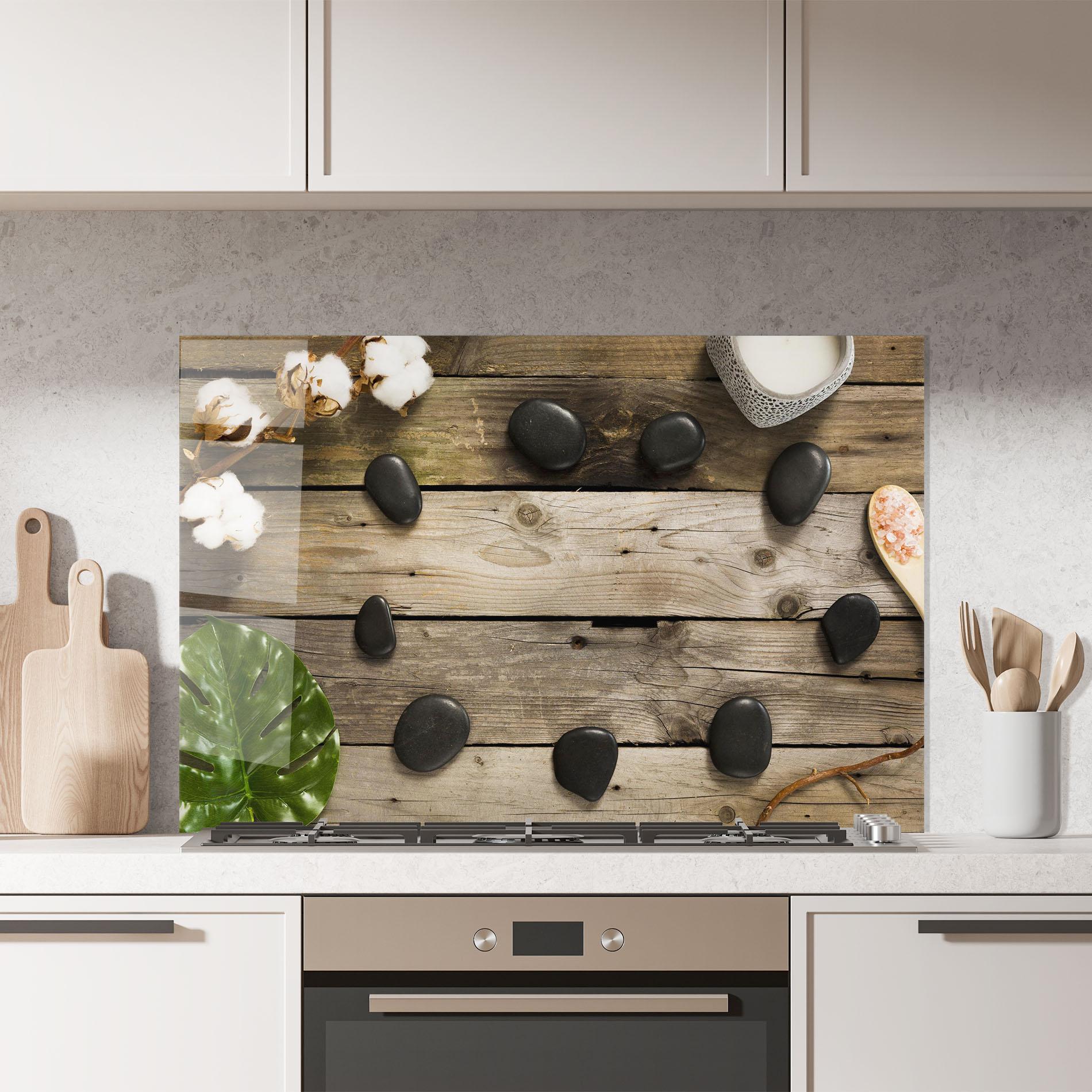 Konyhai üveg hátfal Cotton Flowers Stones mockup 7