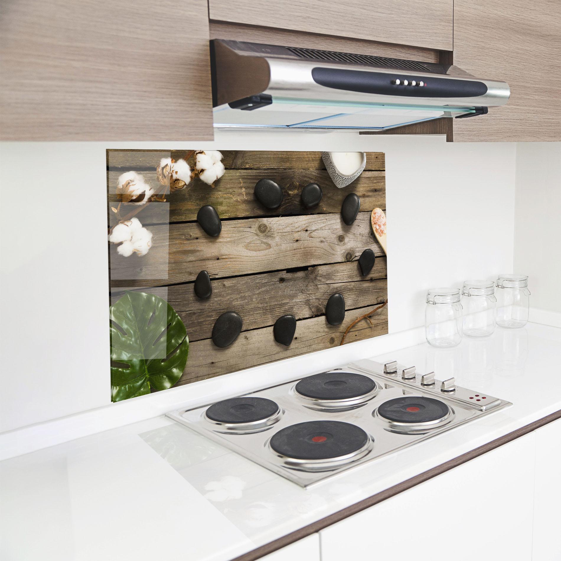 Konyhai üveg hátfal Cotton Flowers Stones mockup 8