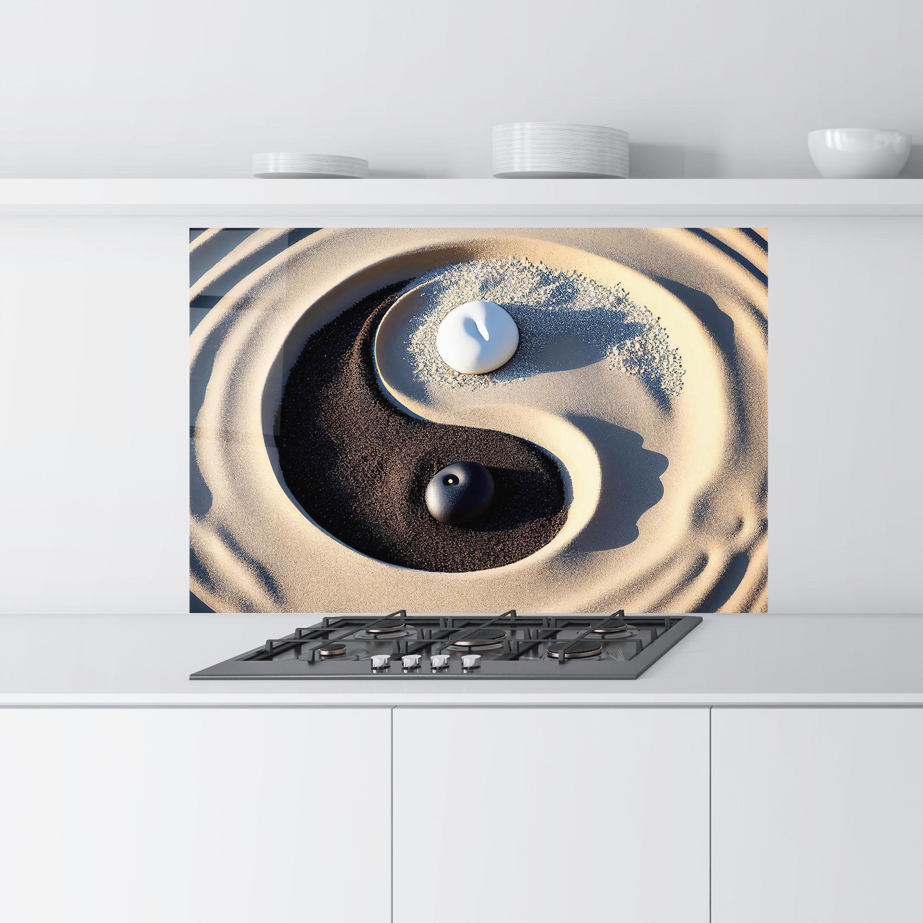Konyhai üveg hátfal Black Sand Yinyang mockup 9