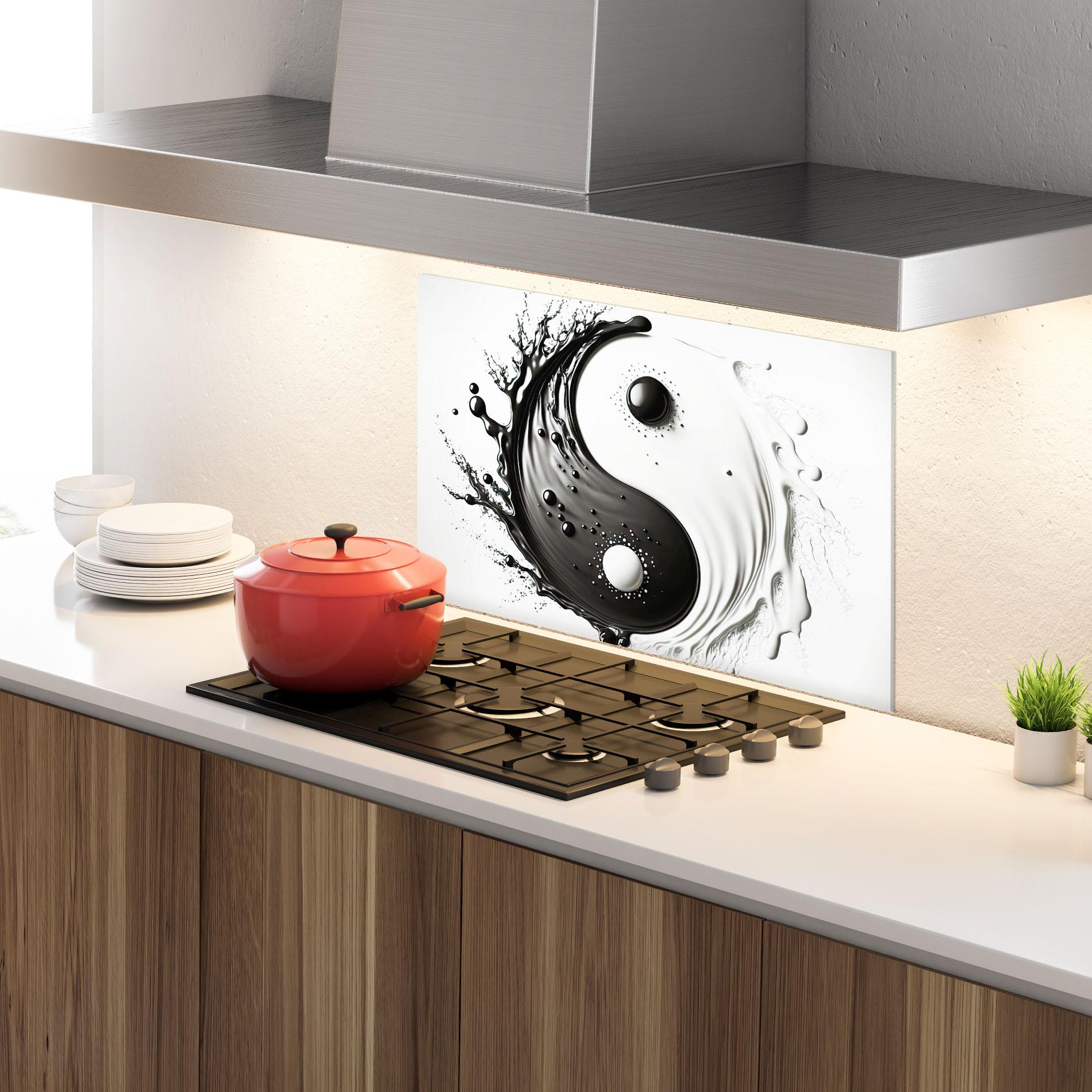 Konyhai üveg hátfal Black Liquid Yinyang mockup 4