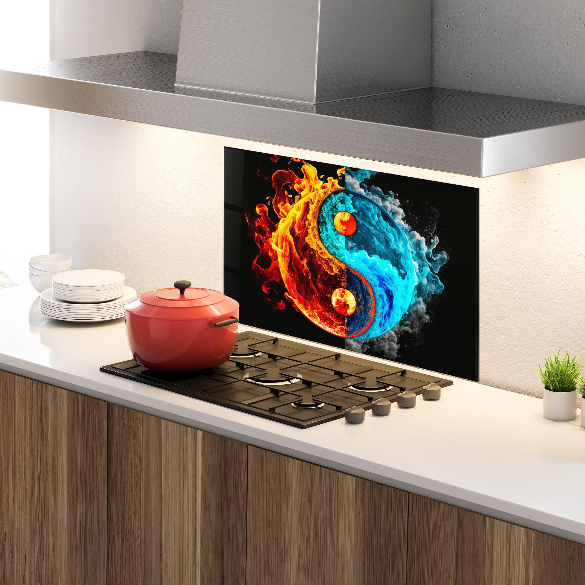 Konyhai üveg hátfal Blue Smoke Yinyang mockup 4