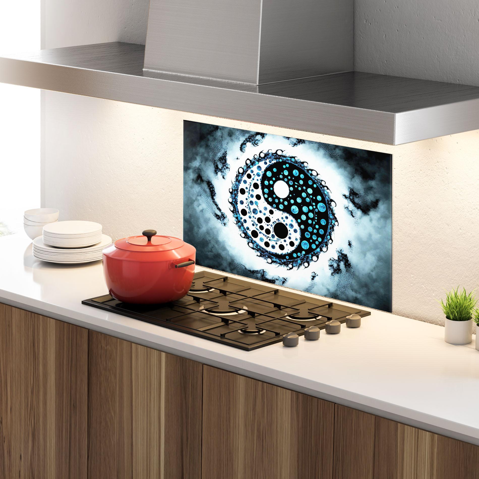Konyhai üveg hátfal Blue White Yinyang mockup 4