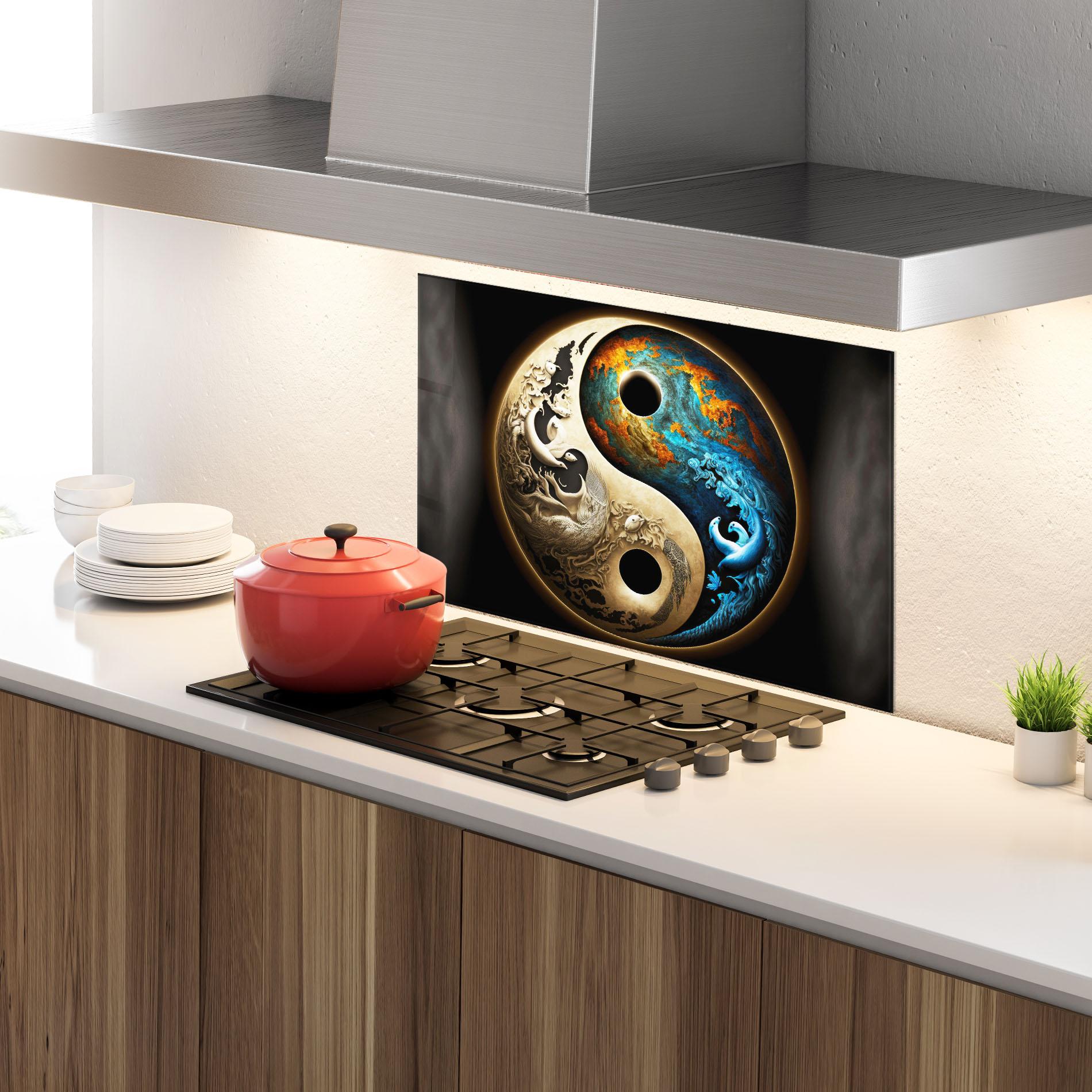 Konyhai üveg hátfal Cream Blue Yinyang mockup 4