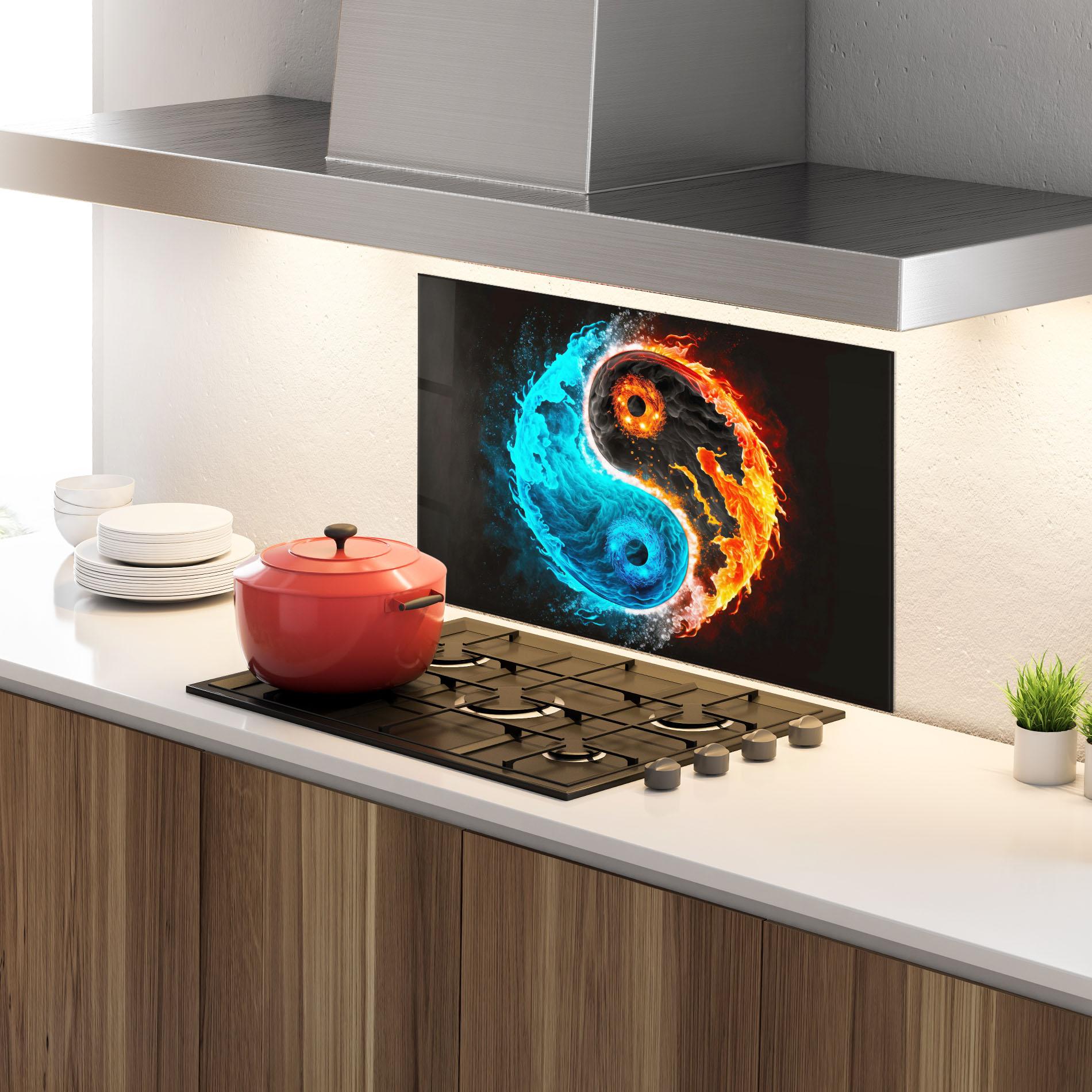 Konyhai üveg hátfal Fire Yinyang Art mockup 4