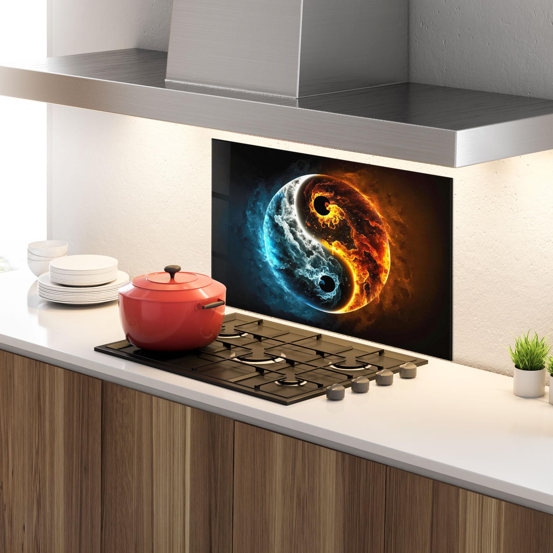 Konyhai üveg hátfal Red Blue Yin Yang mockup 4