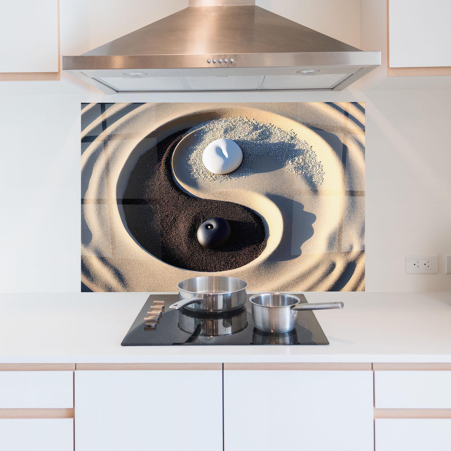 Konyhai üveg hátfal Black Sand Yinyang mockup 5