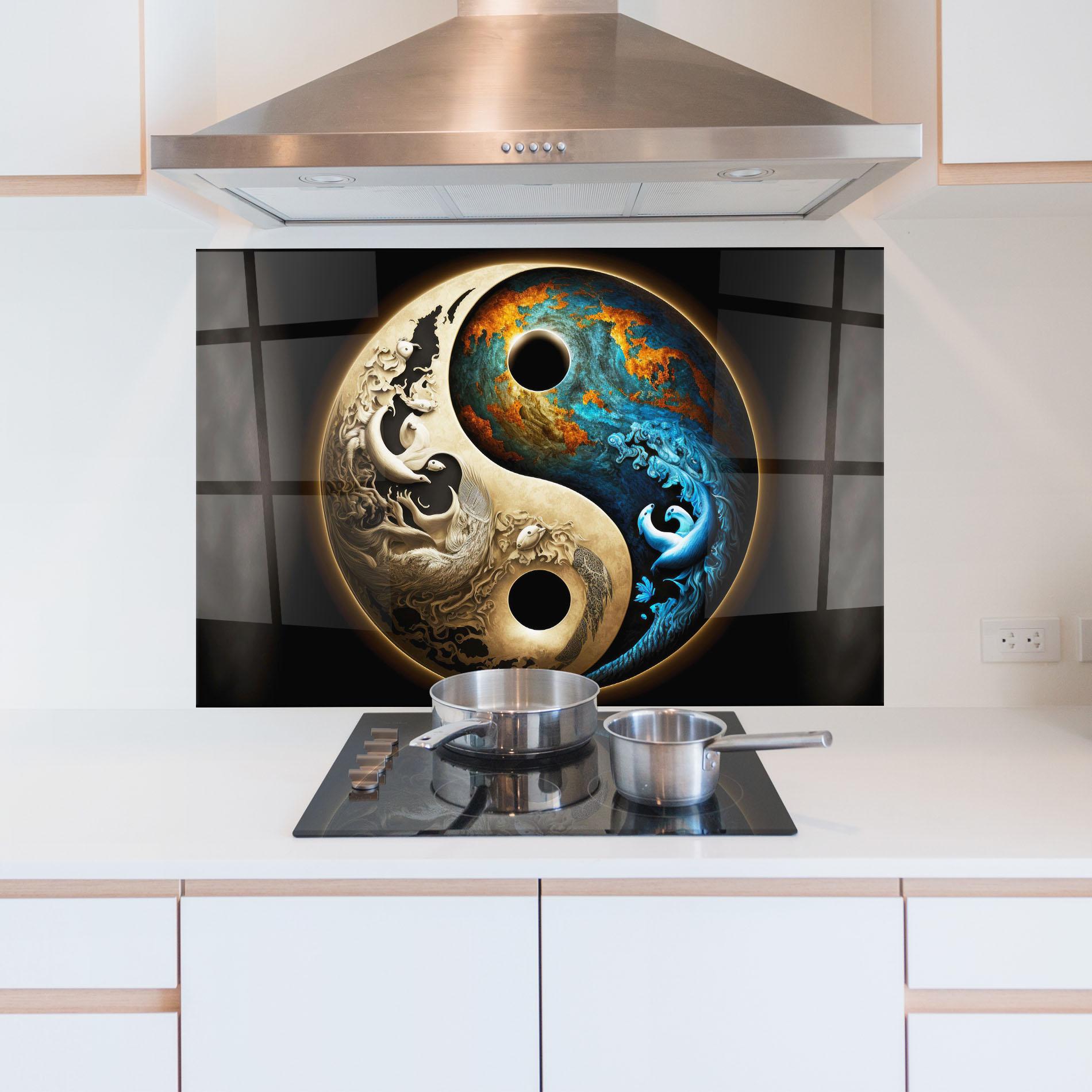 Konyhai üveg hátfal Cream Blue Yinyang mockup 5