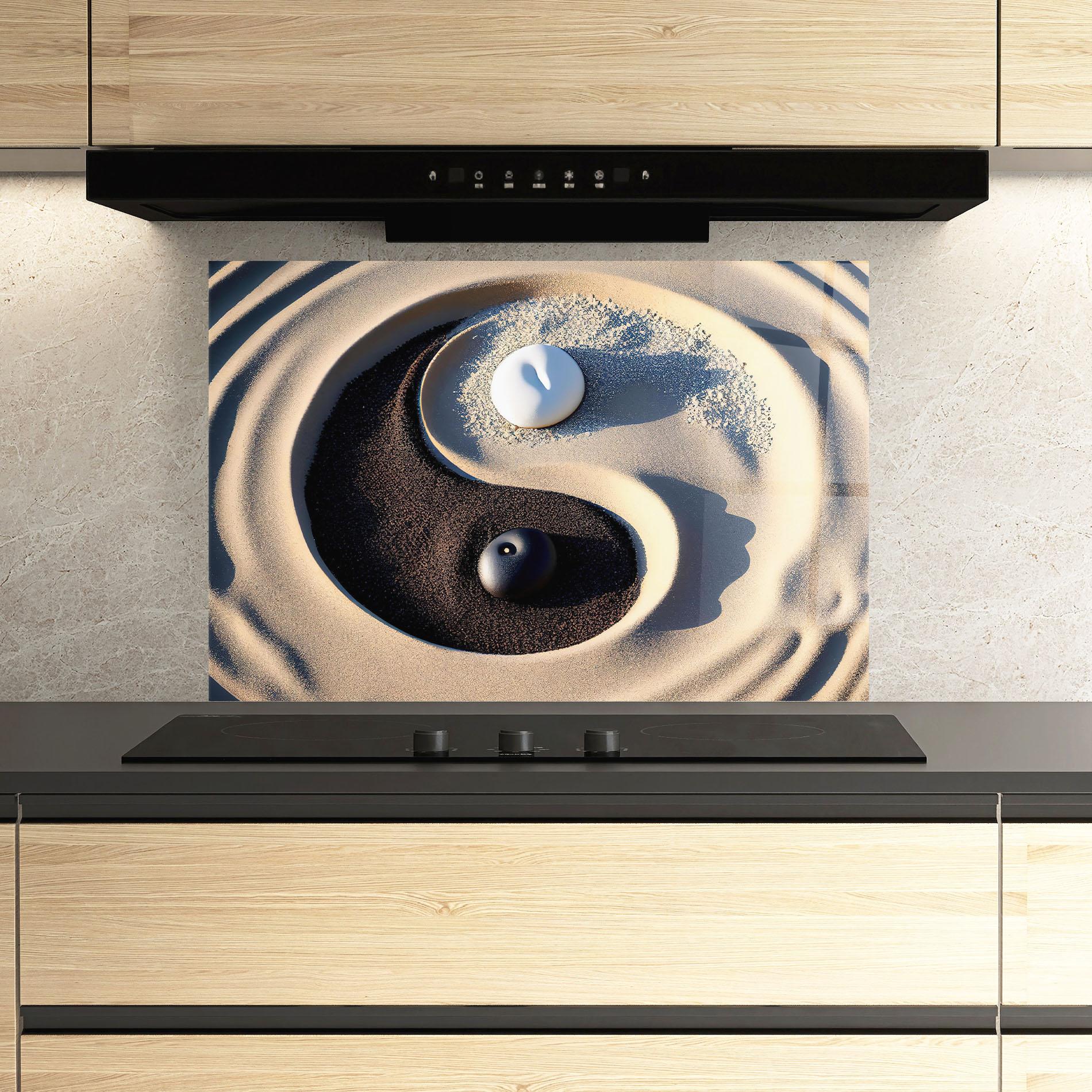 Konyhai üveg hátfal Black Sand Yinyang mockup 3