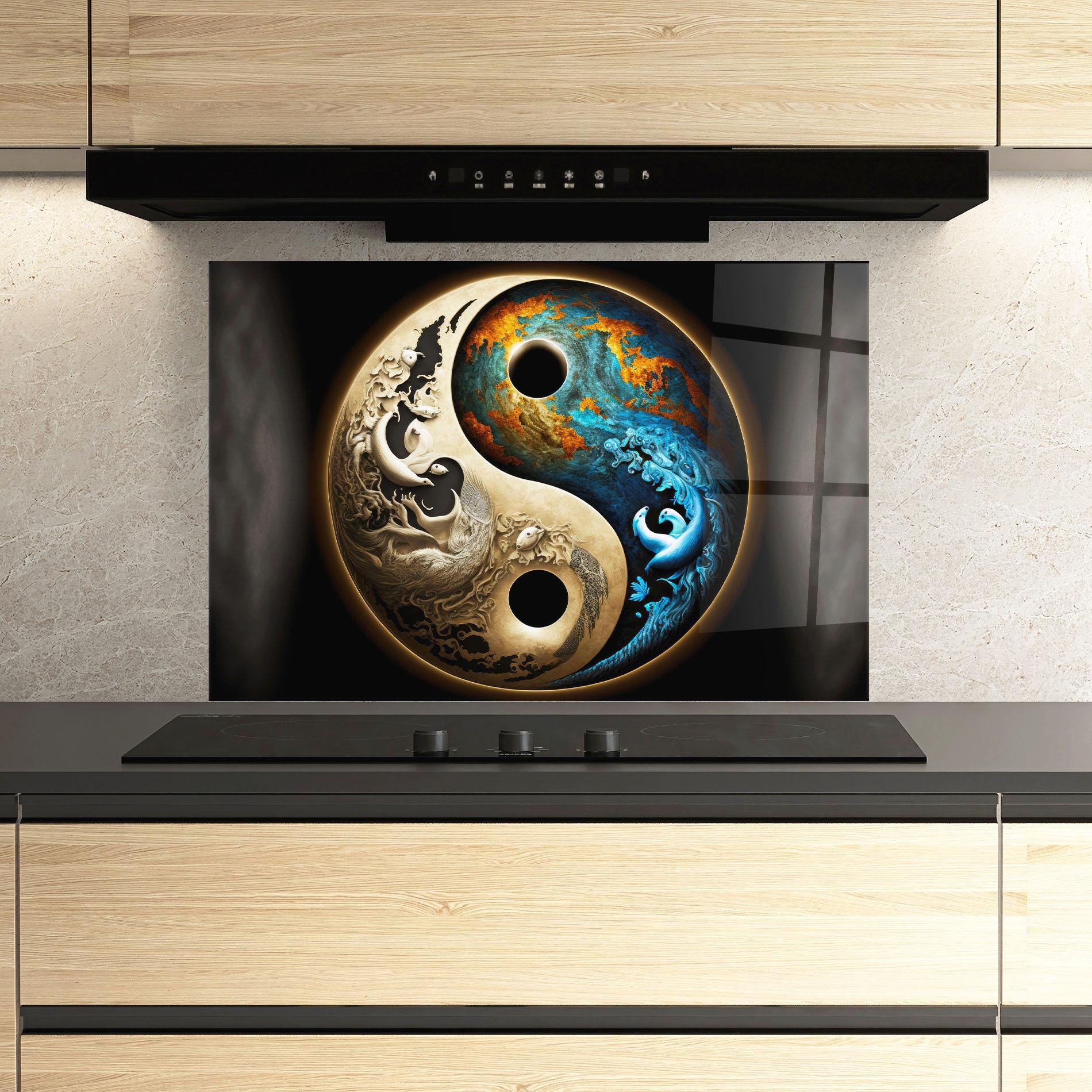 Konyhai üveg hátfal Cream Blue Yinyang mockup 3