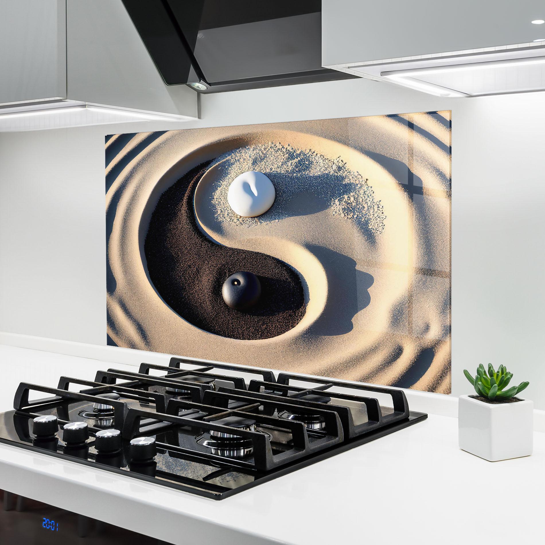 Konyhai üveg hátfal Black Sand Yinyang mockup 6
