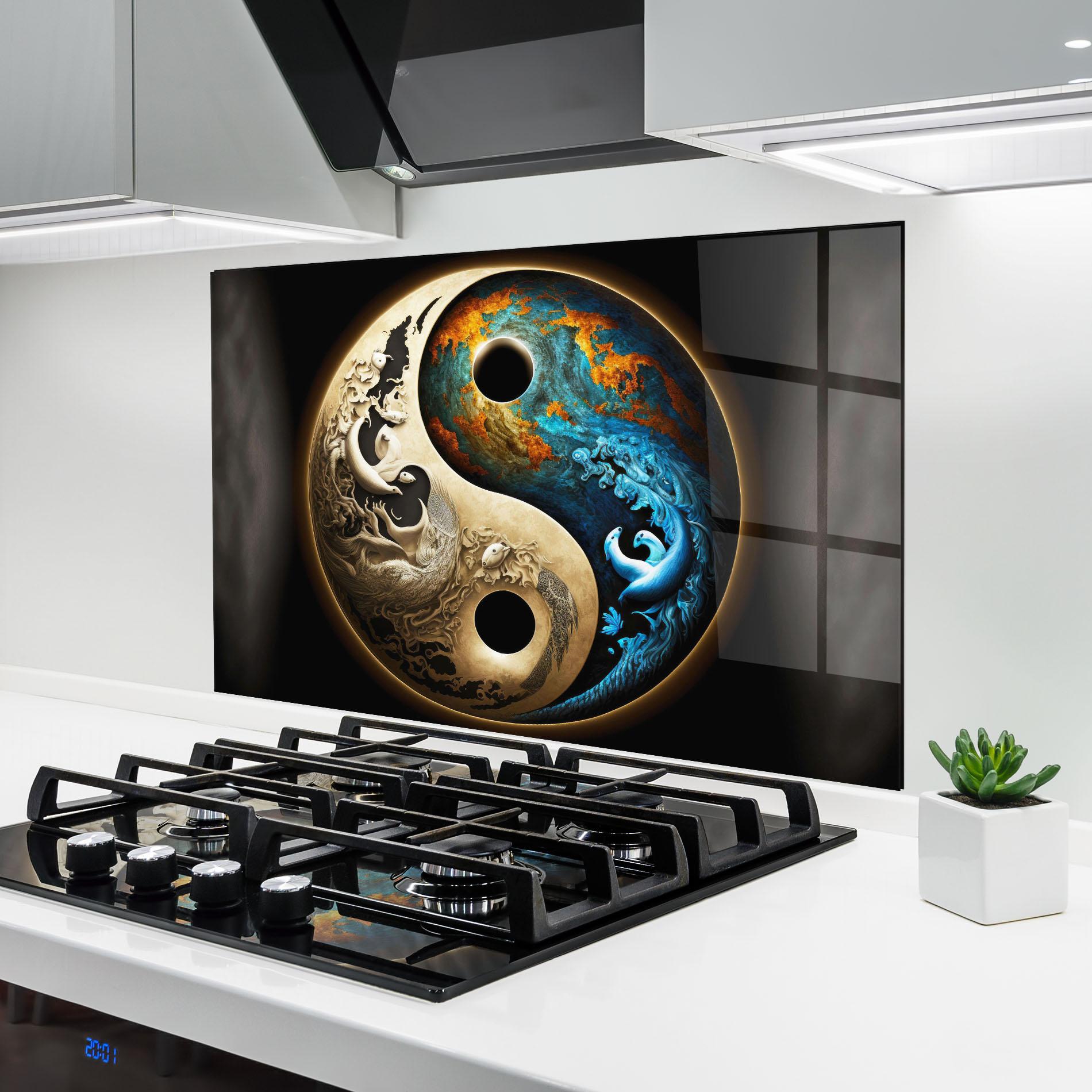 Konyhai üveg hátfal Cream Blue Yinyang mockup 6