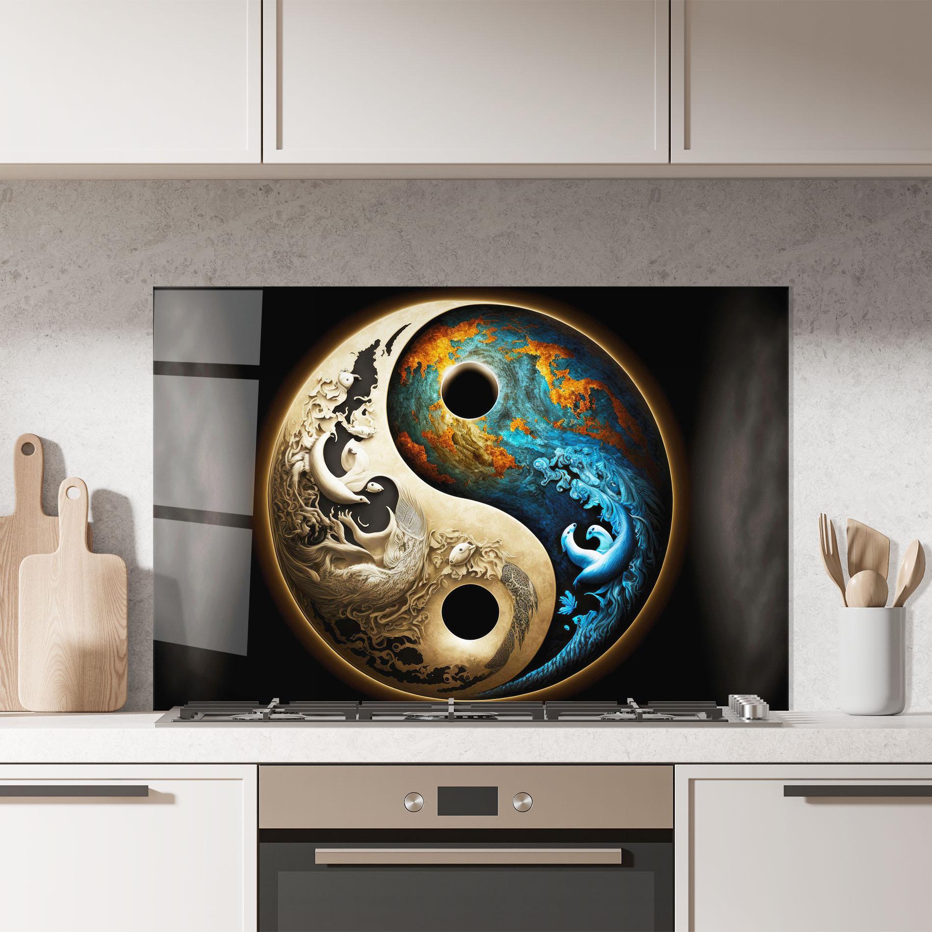 Konyhai üveg hátfal Cream Blue Yinyang mockup 7