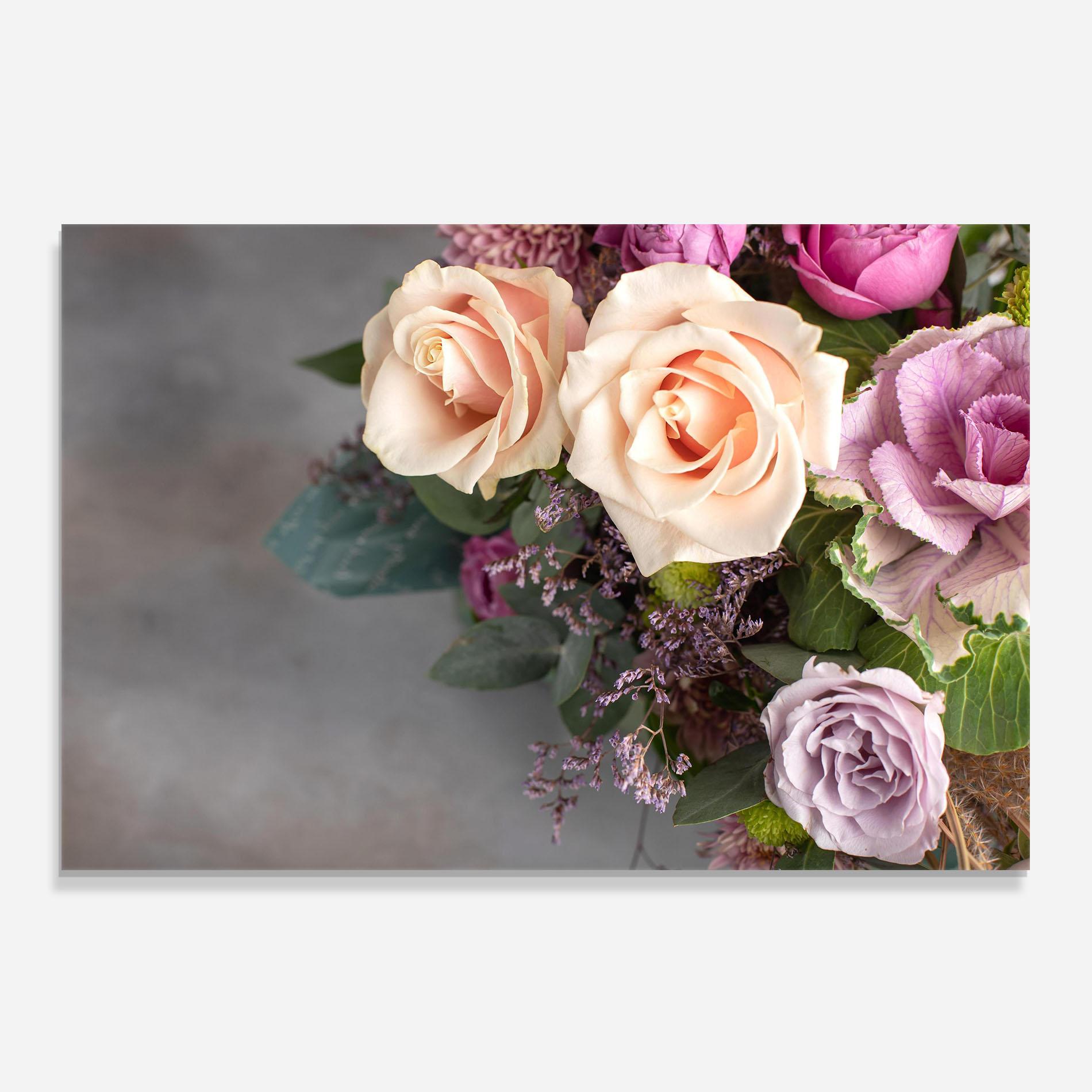 Konyhai üveg hátfal Cream Purple Bouquet mockup 0