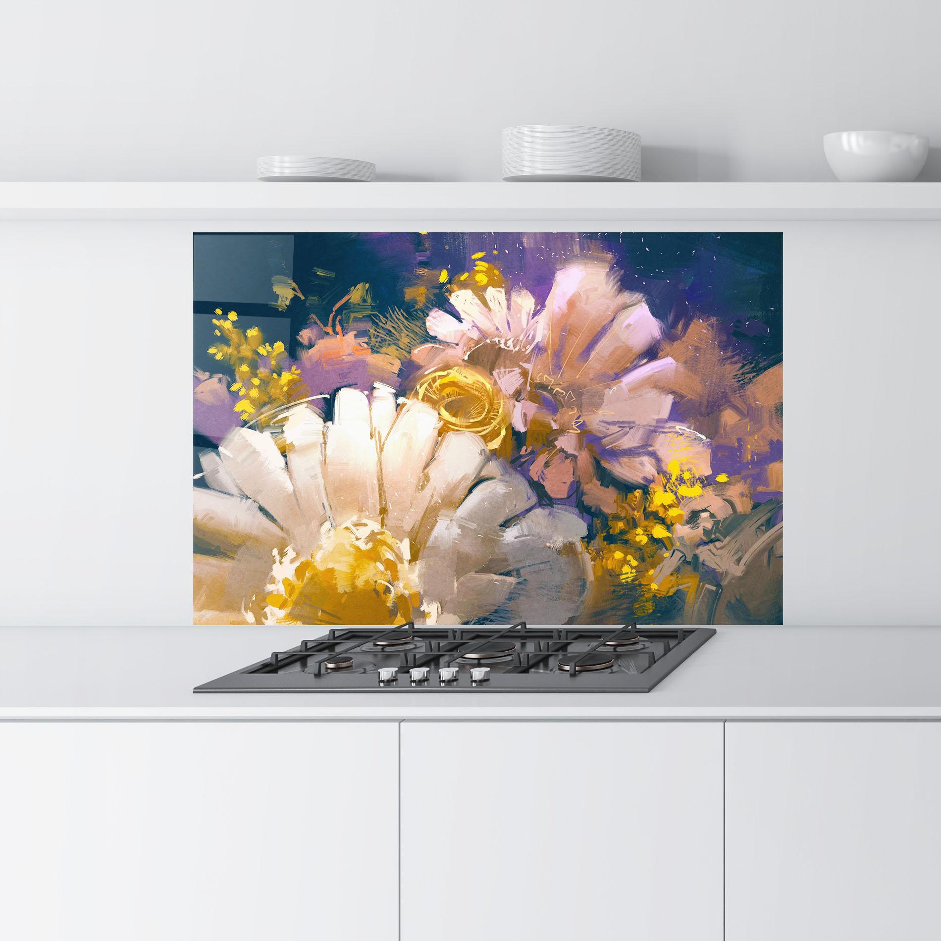 Konyhai üveg hátfal Gold Purple Flowers mockup 9