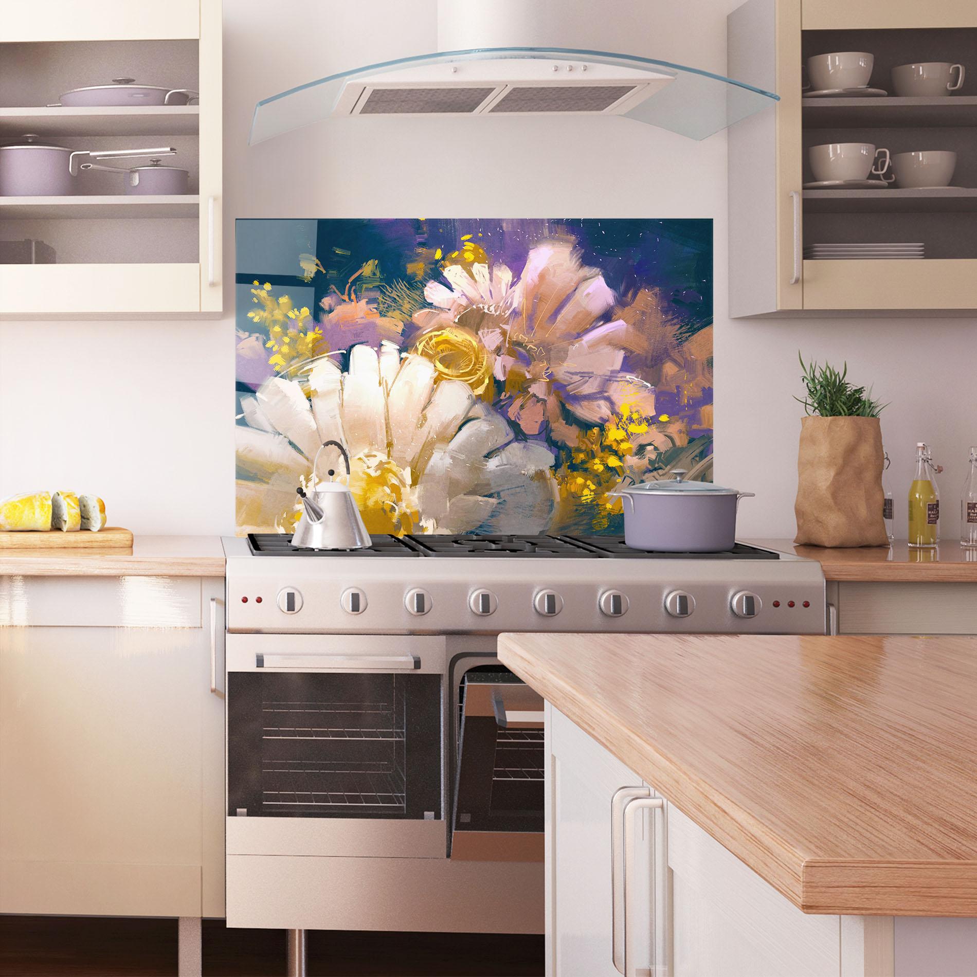 Konyhai üveg hátfal Gold Purple Flowers mockup 1