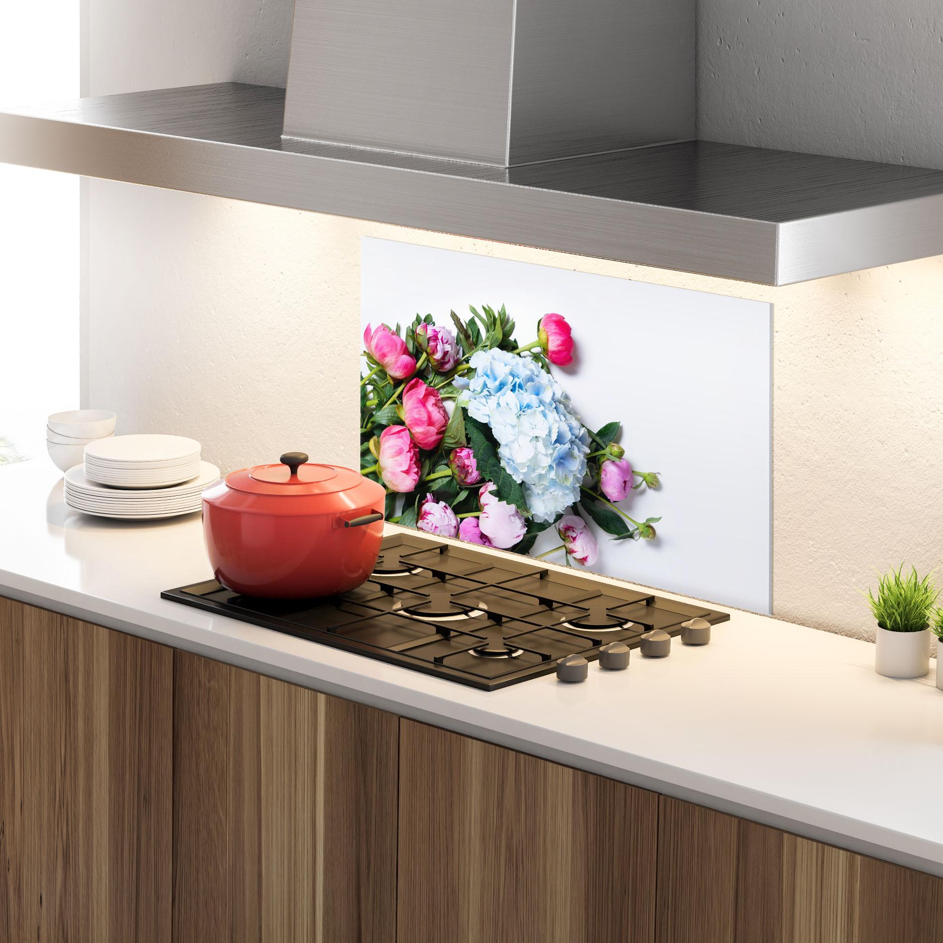 Konyhai üveg hátfal Blue Pink Bouquet mockup 4