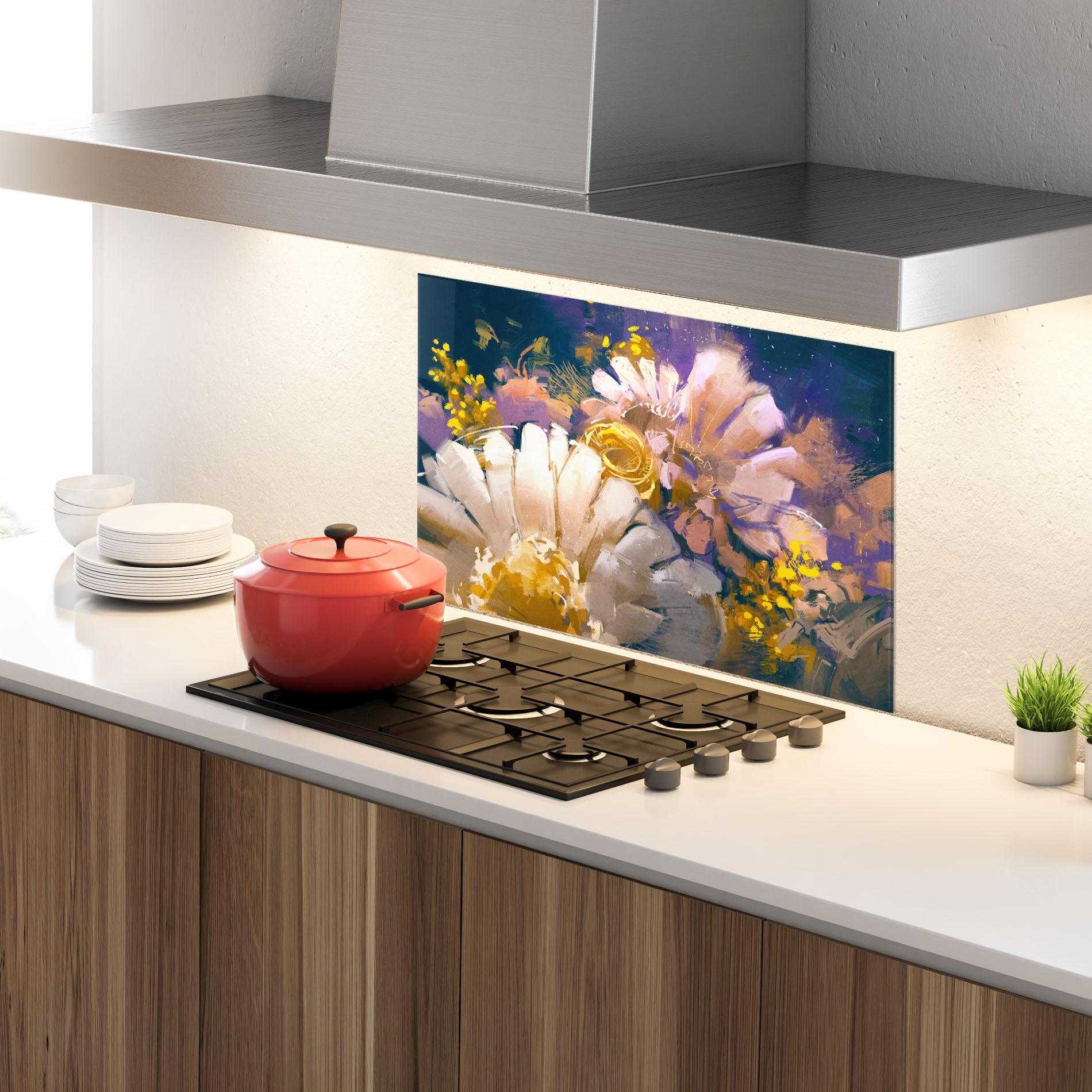 Konyhai üveg hátfal Gold Purple Flowers mockup 4