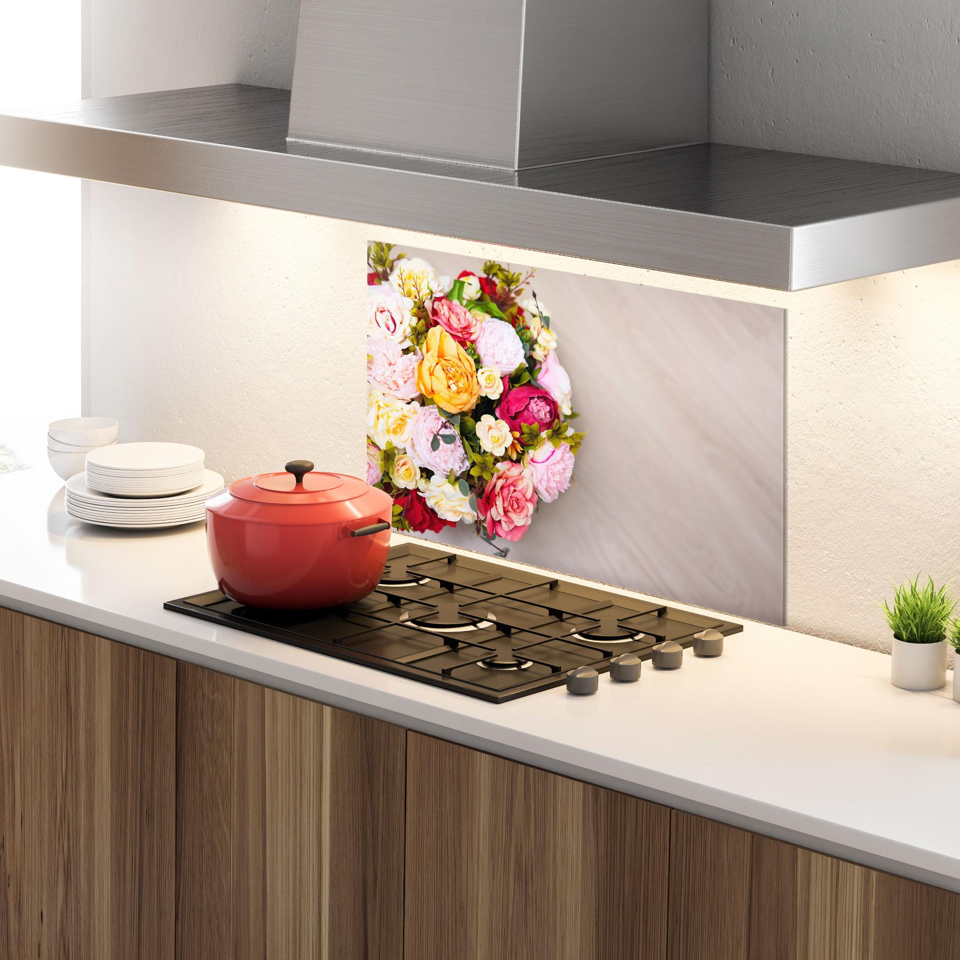 Konyhai üveg hátfal Orange Purple Bouquet mockup 4