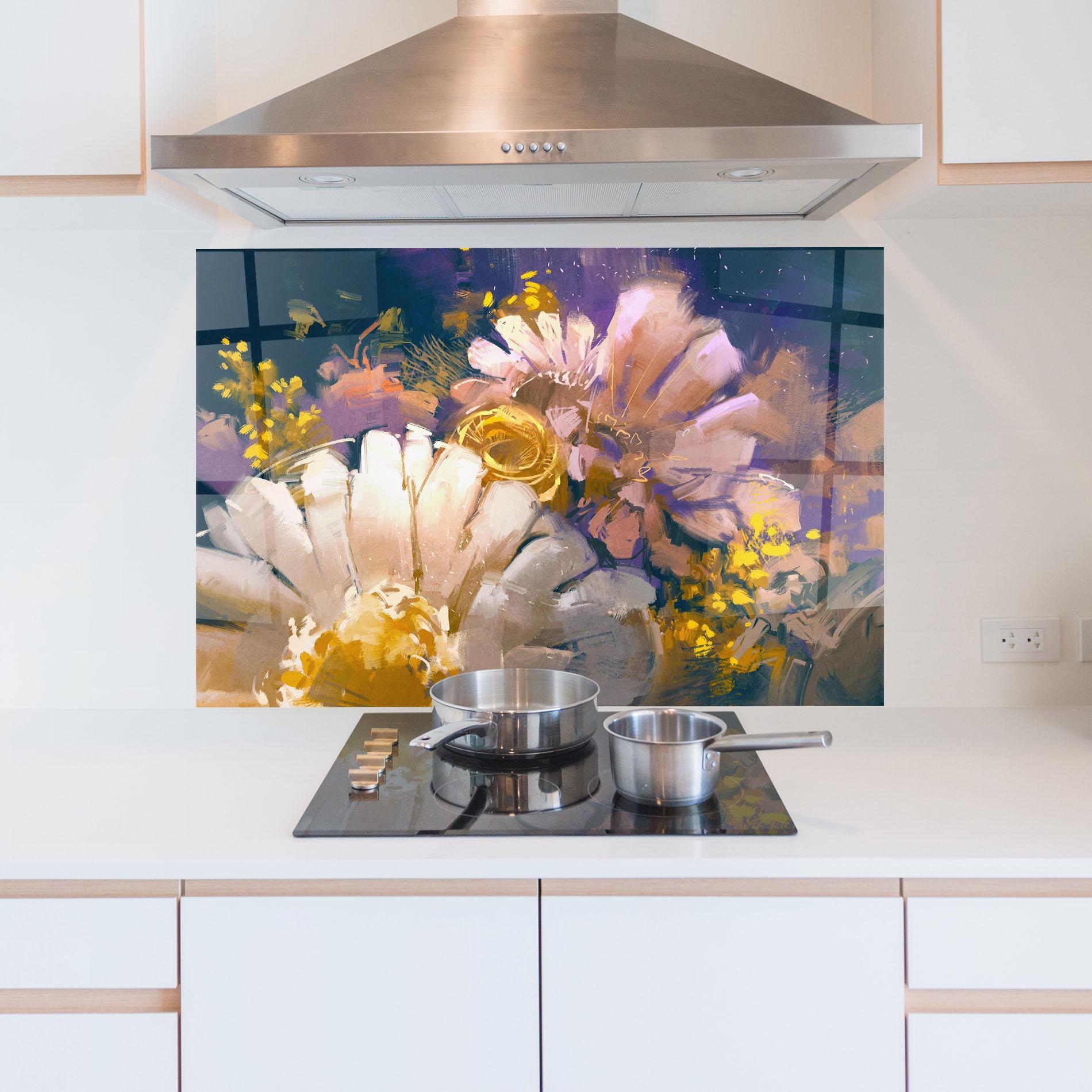 Konyhai üveg hátfal Gold Purple Flowers mockup 5