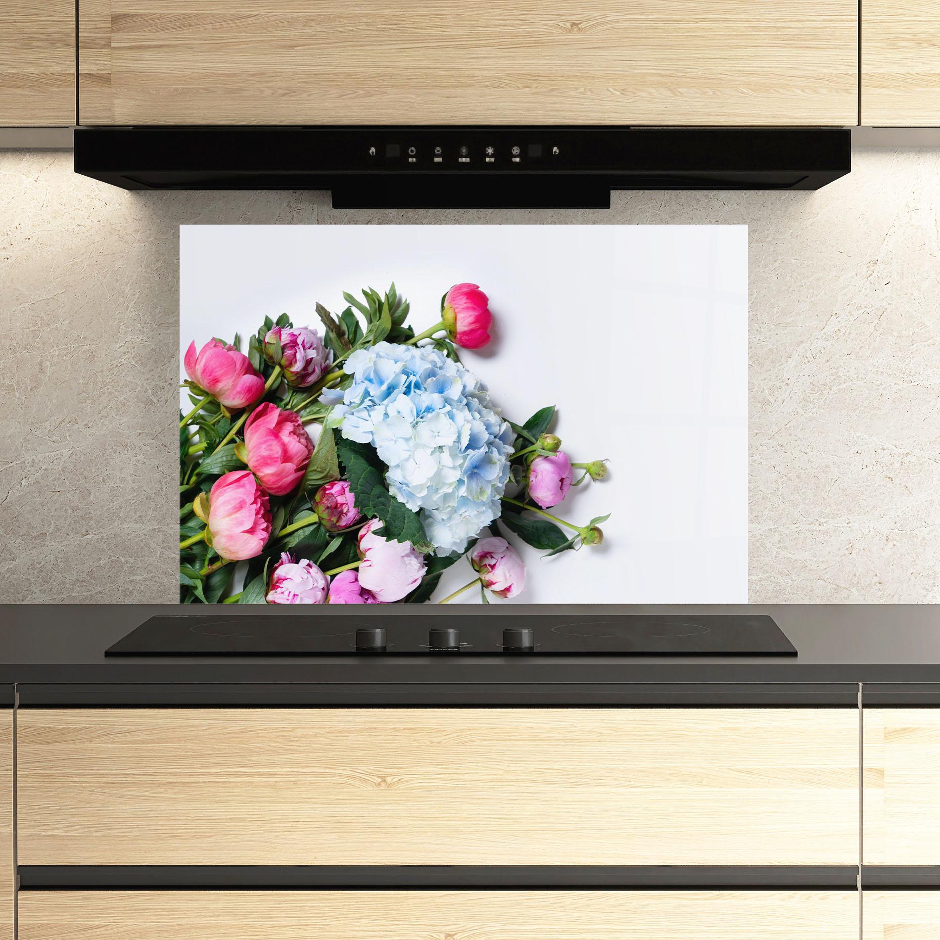 Konyhai üveg hátfal Blue Pink Bouquet mockup 3