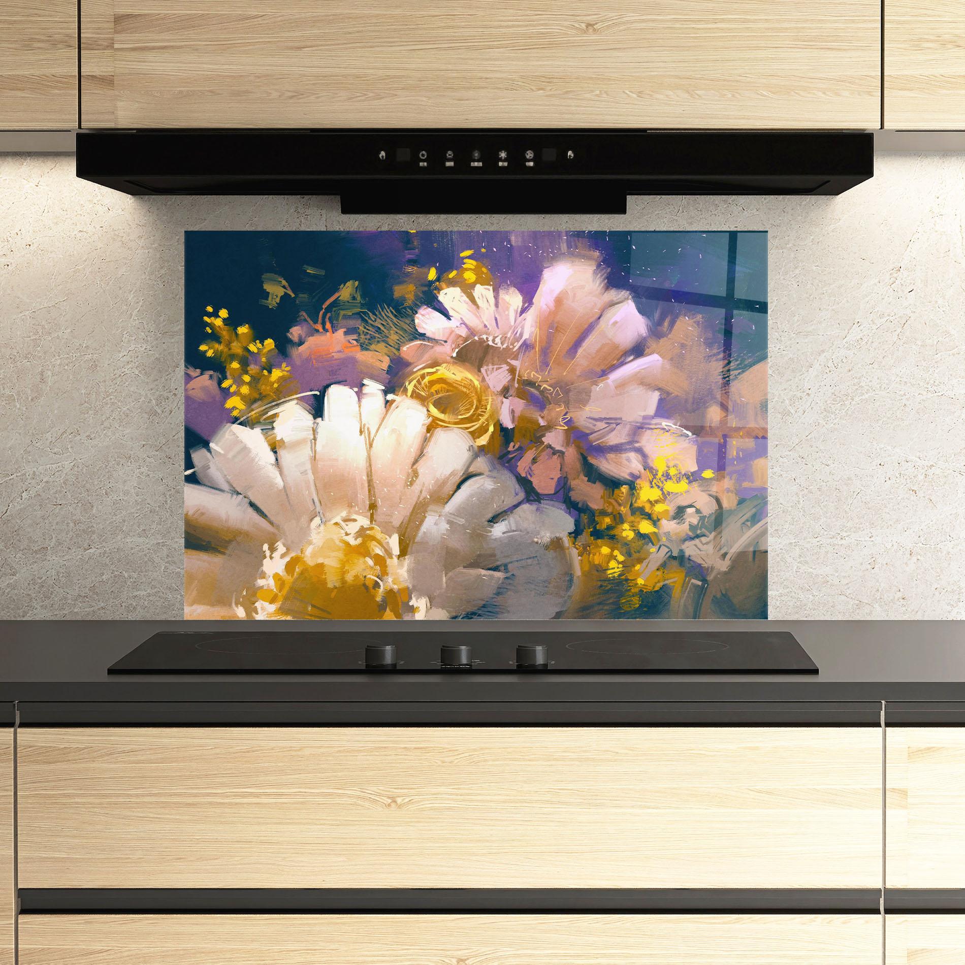 Konyhai üveg hátfal Gold Purple Flowers mockup 3