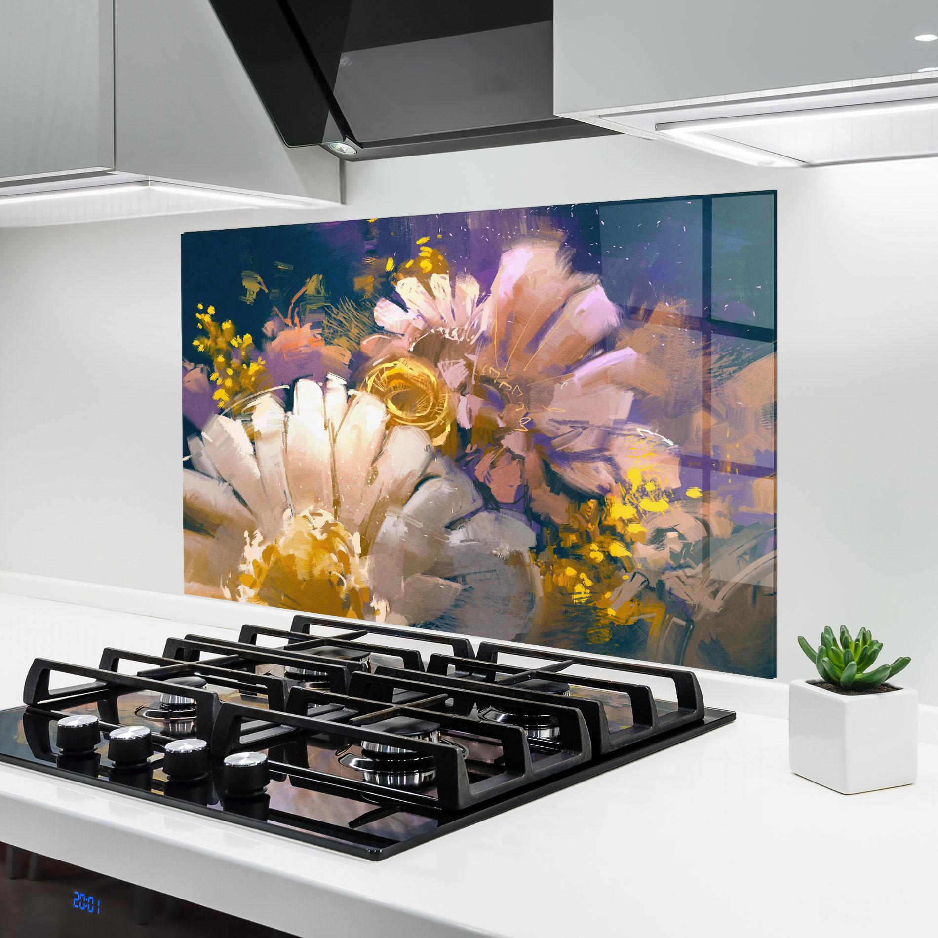 Konyhai üveg hátfal Gold Purple Flowers mockup 6