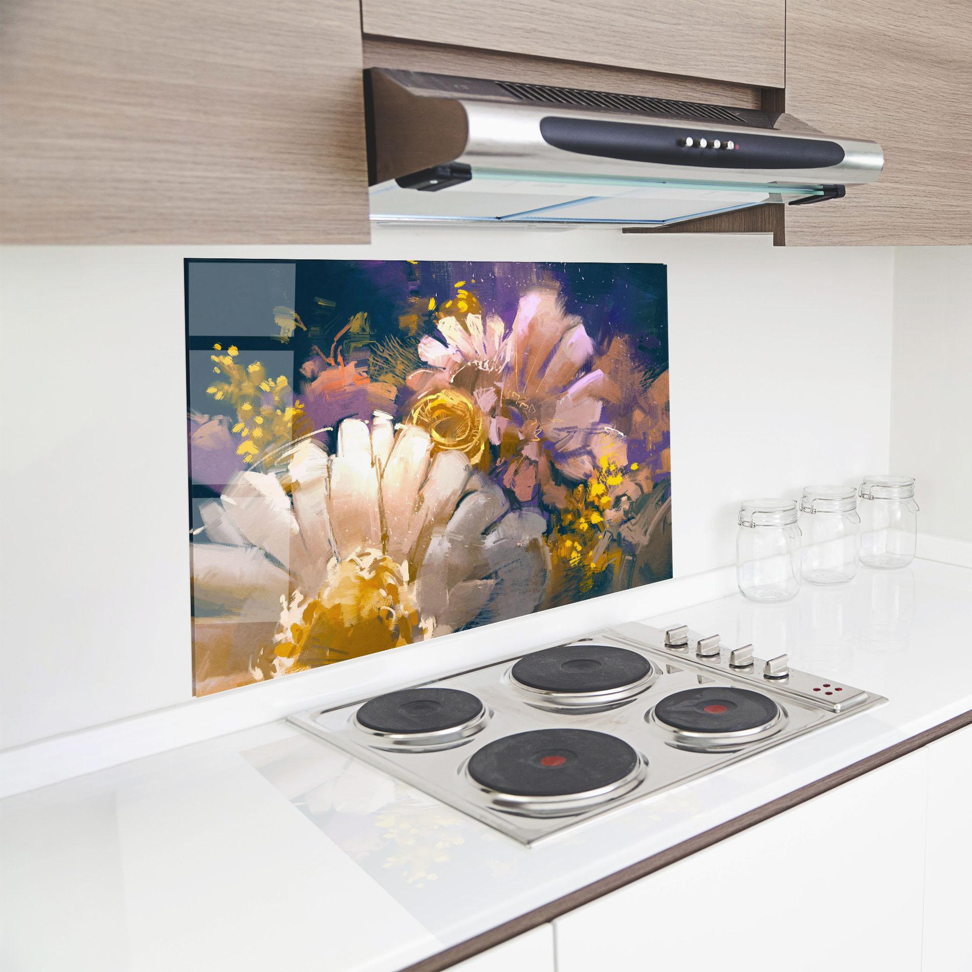 Konyhai üveg hátfal Gold Purple Flowers mockup 8