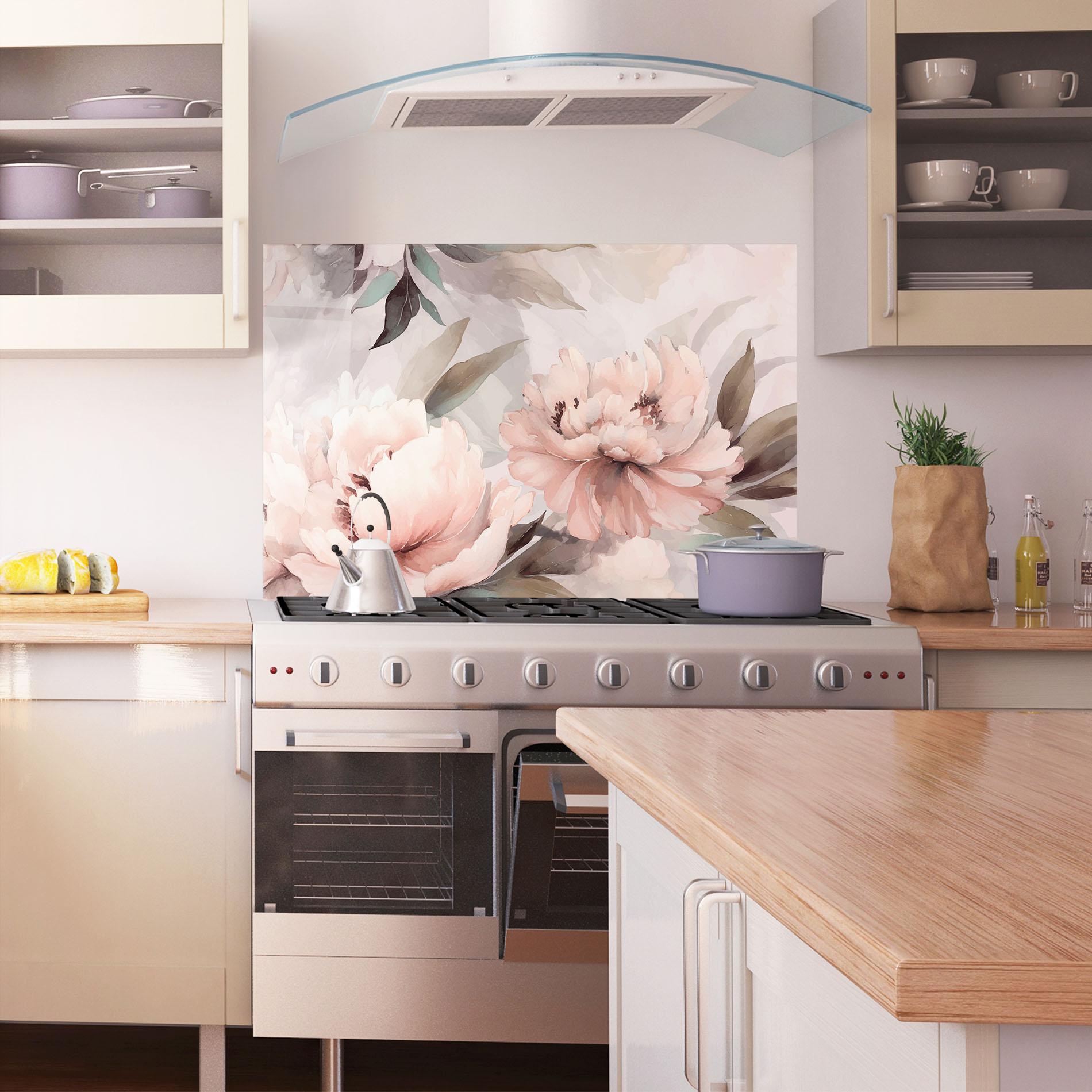 Konyhai üveg hátfal Dreamy Peony Art mockup 1