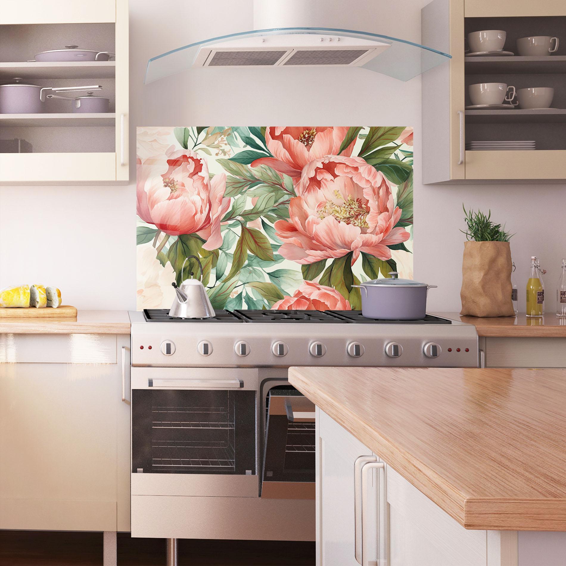 Konyhai üveg hátfal Light Red Peony mockup 1