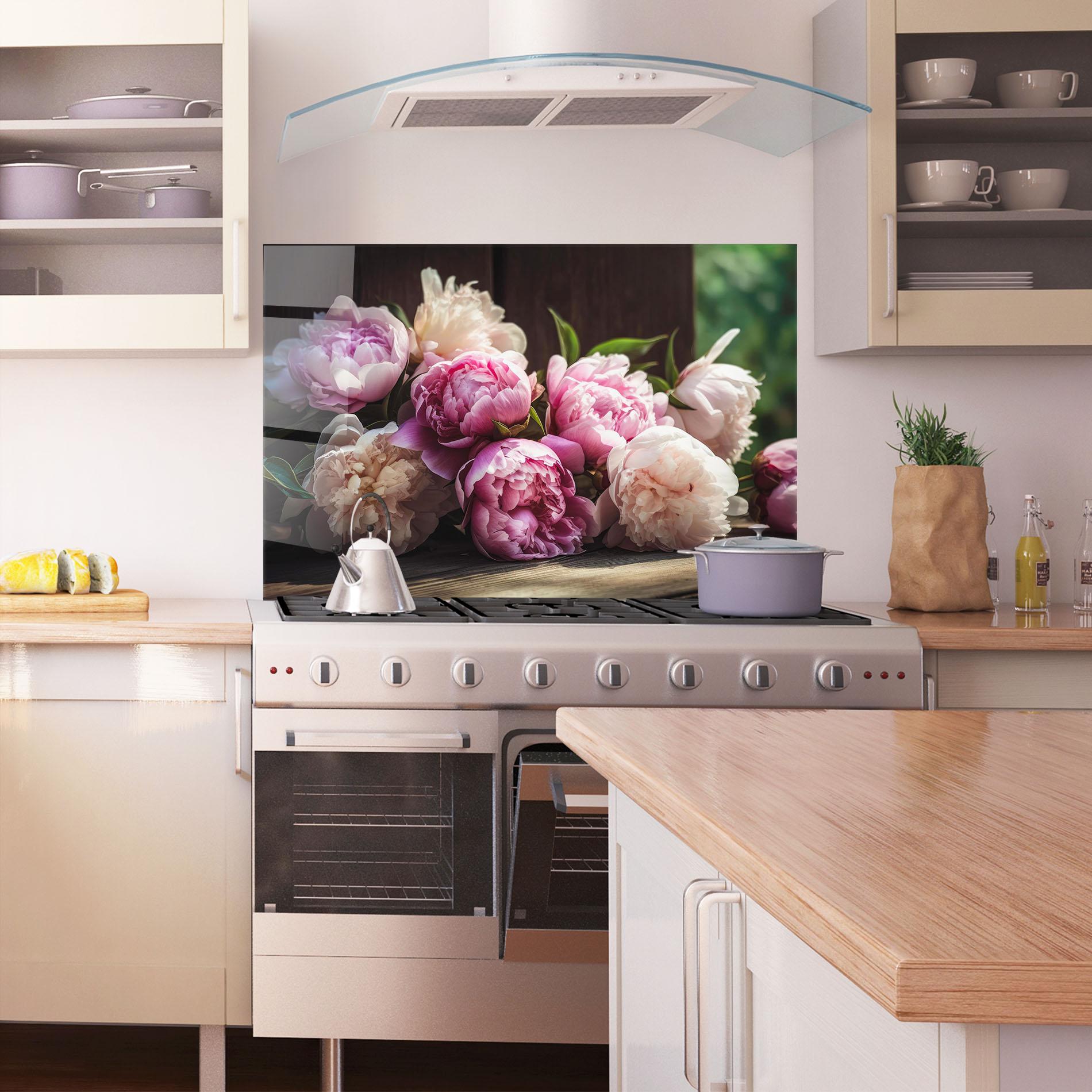 Konyhai üveg hátfal Peonies On The Table mockup 1