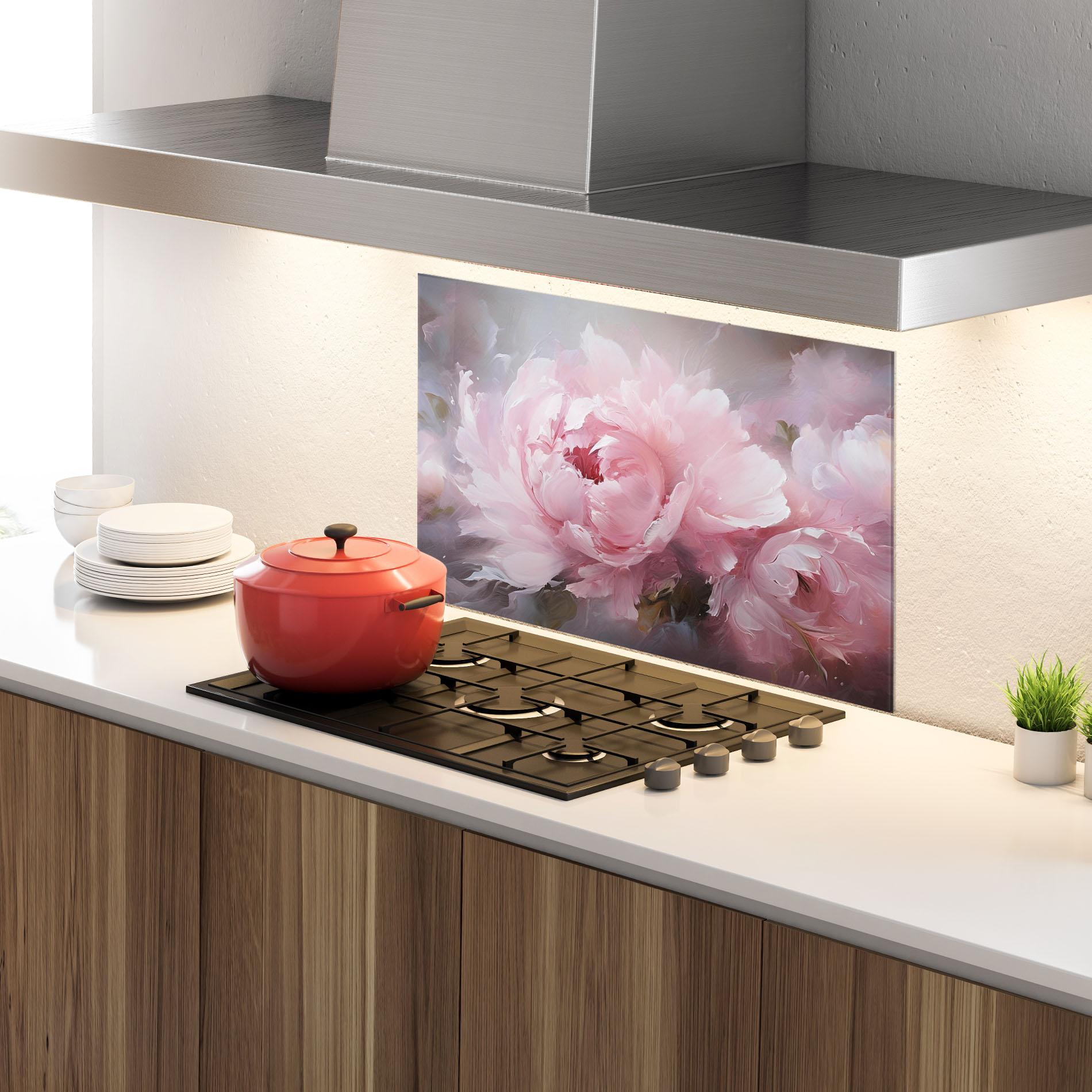 Konyhai üveg hátfal Dreamy Painting Peony mockup 4