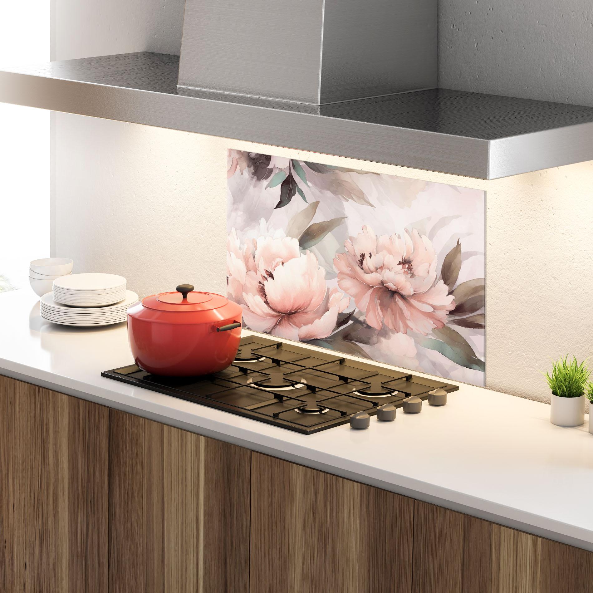 Konyhai üveg hátfal Dreamy Peony Art mockup 4