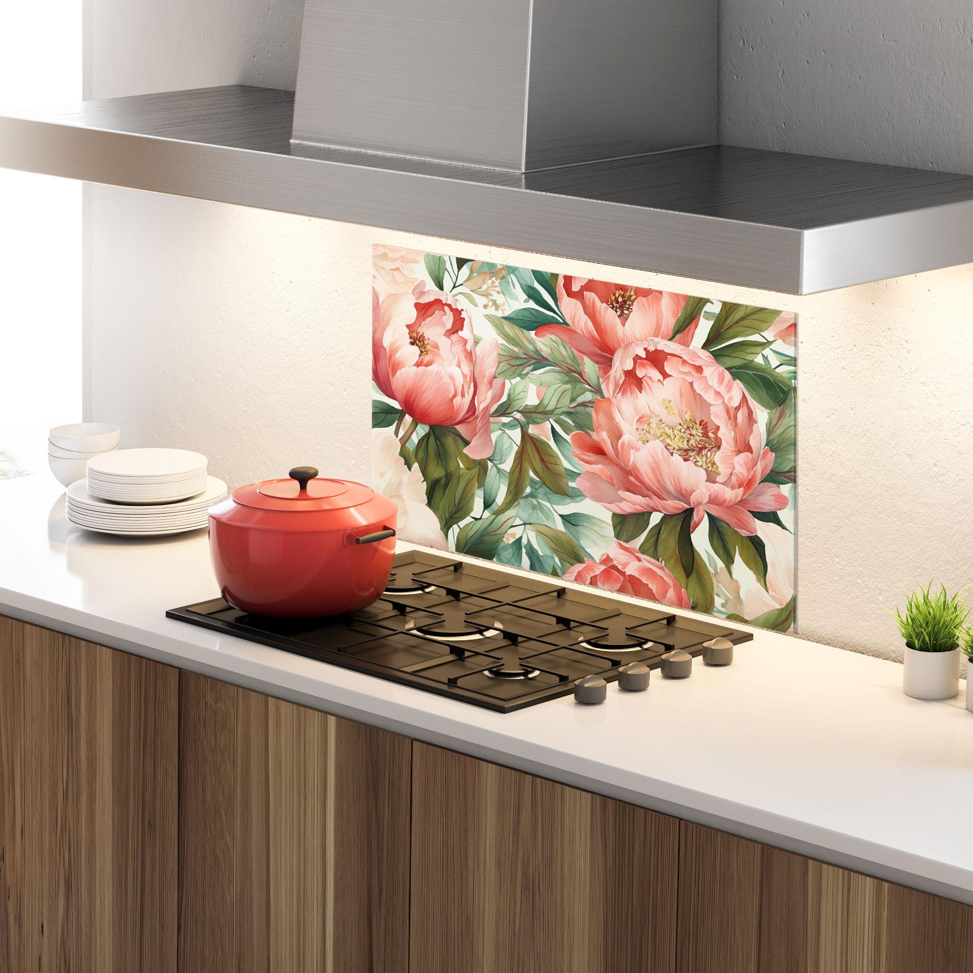 Konyhai üveg hátfal Light Red Peony mockup 4