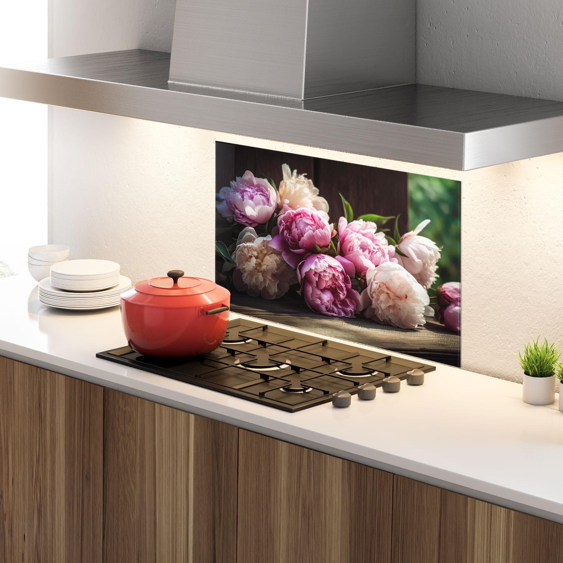 Konyhai üveg hátfal Peonies On The Table mockup 4