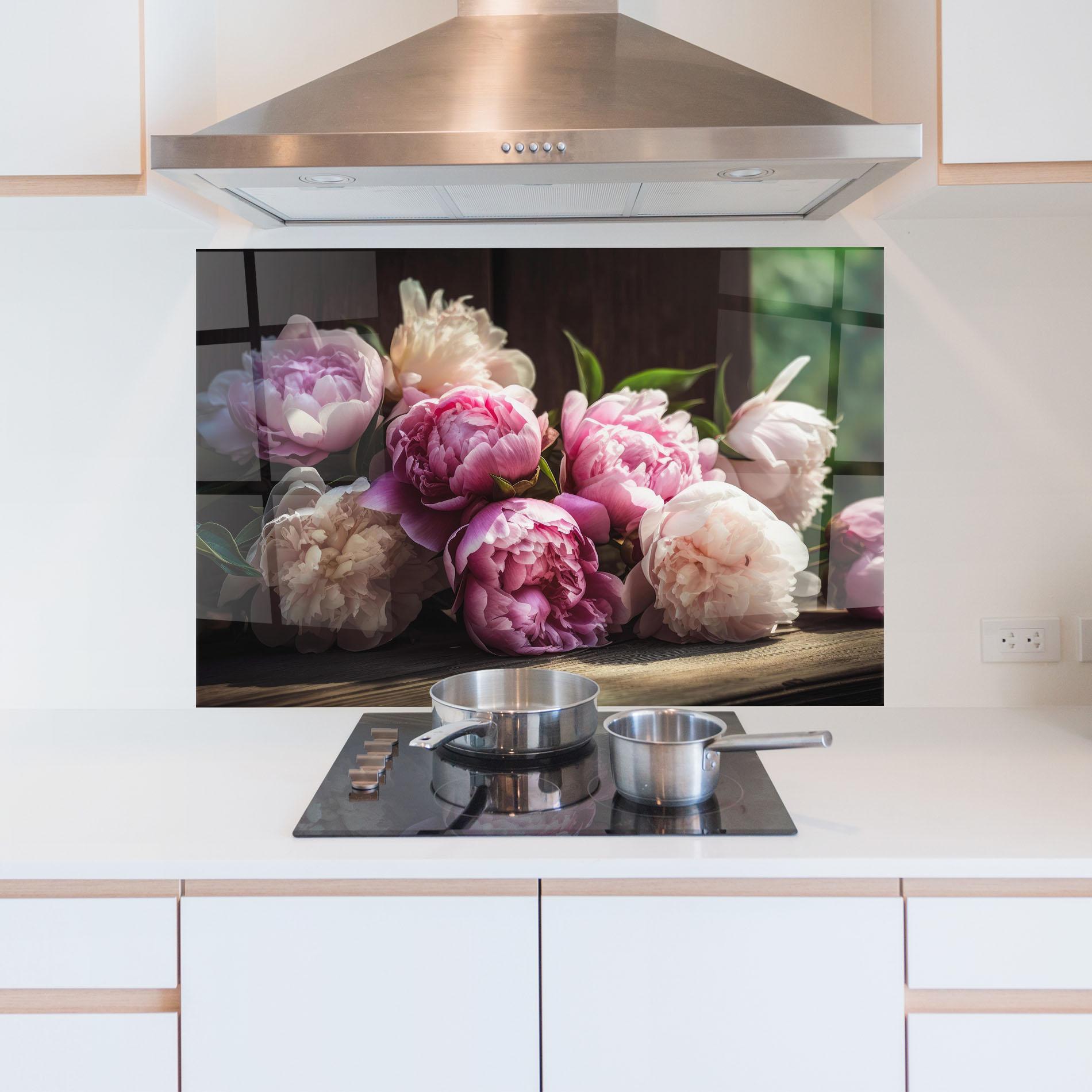 Konyhai üveg hátfal Peonies On The Table mockup 5