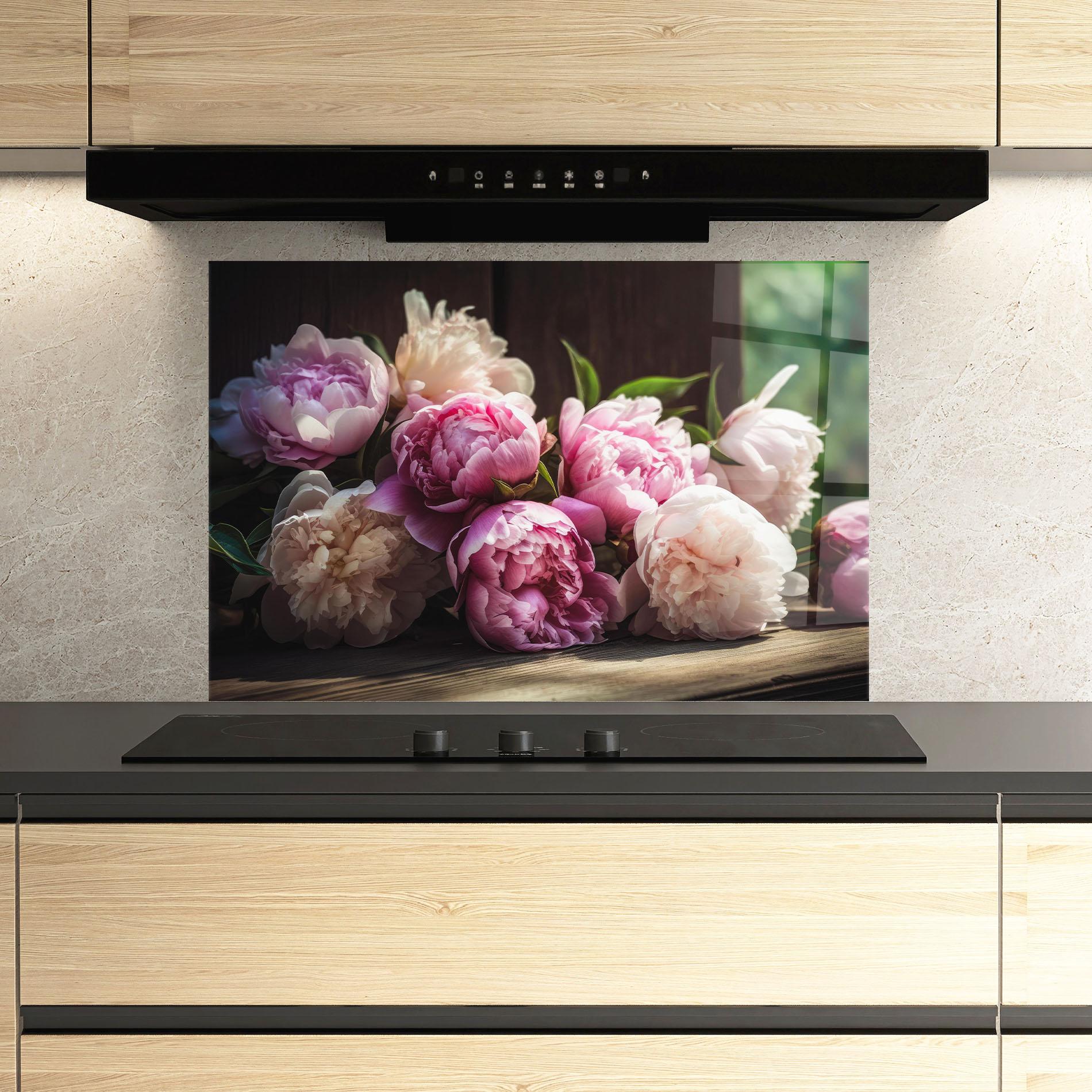 Konyhai üveg hátfal Peonies On The Table mockup 3