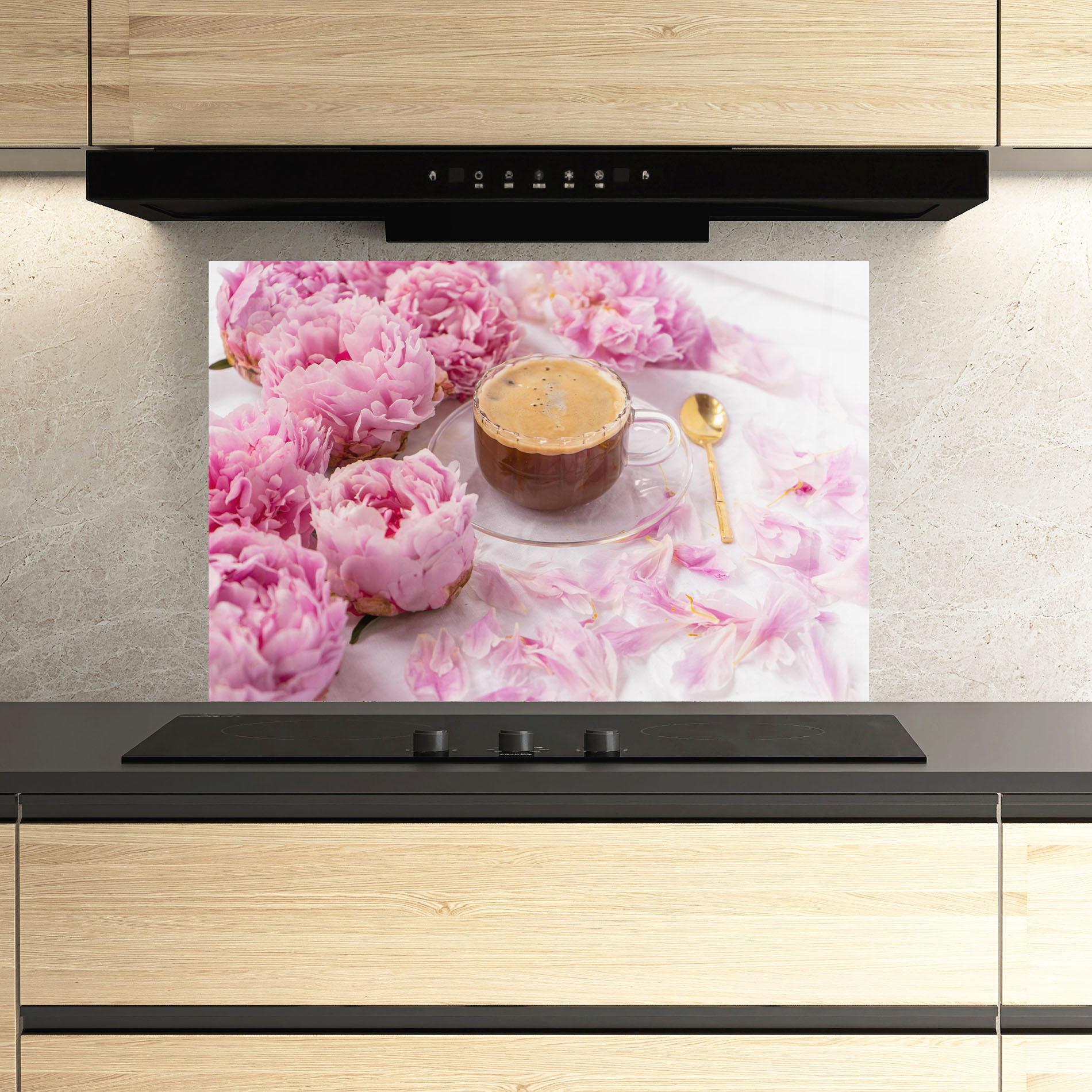Konyhai üveg hátfal Peony And Coffee mockup 3
