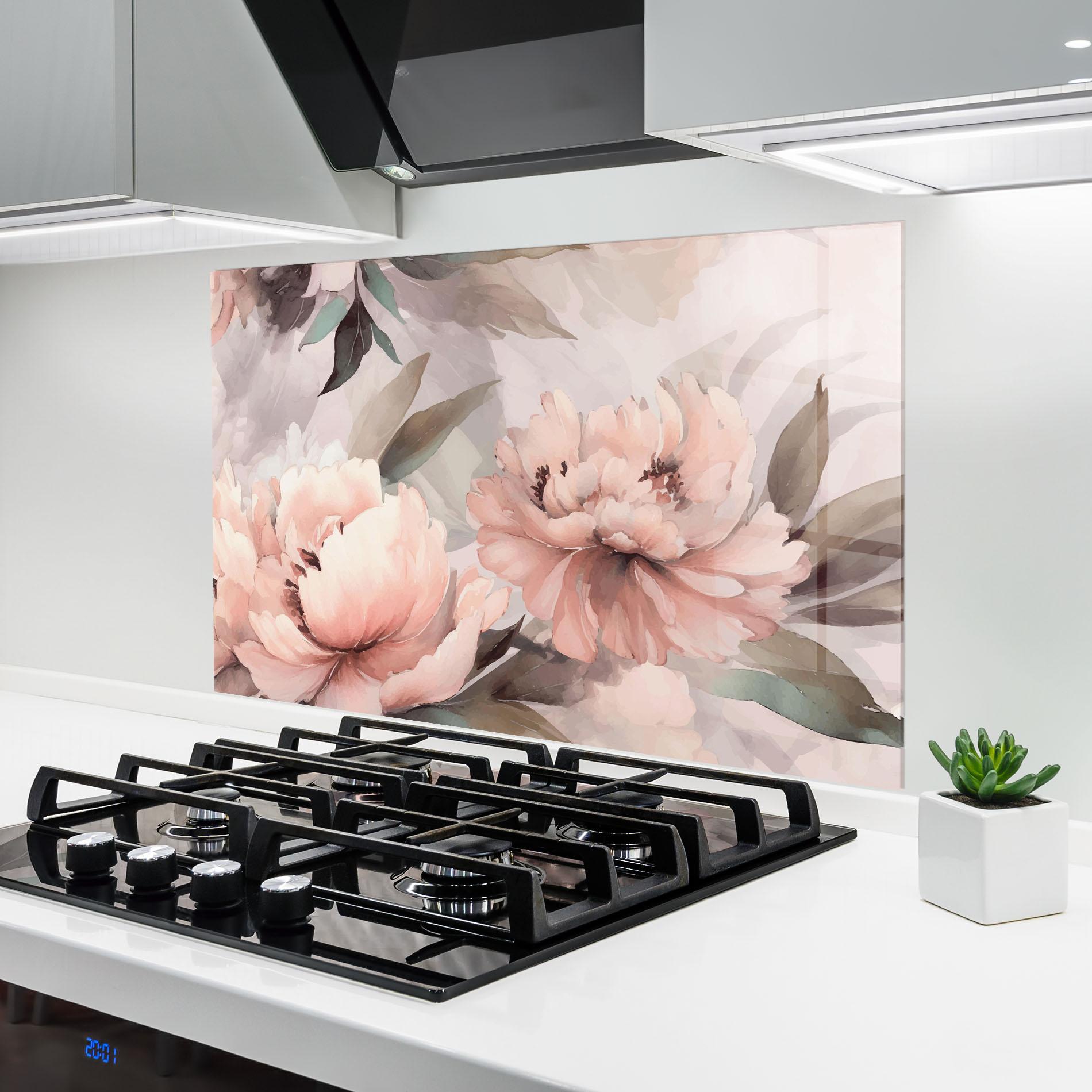 Konyhai üveg hátfal Dreamy Peony Art mockup 6