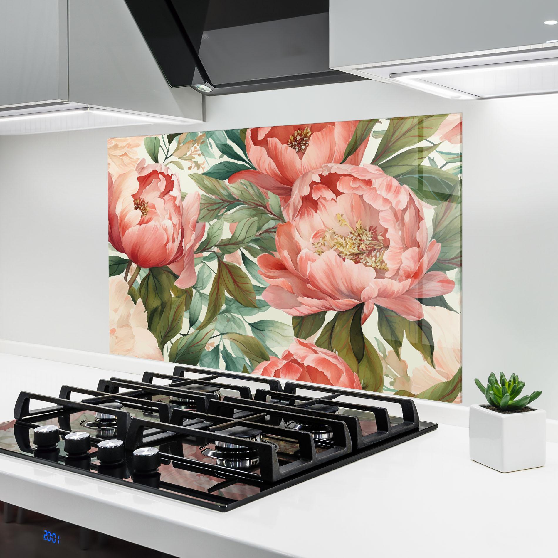 Konyhai üveg hátfal Light Red Peony mockup 6