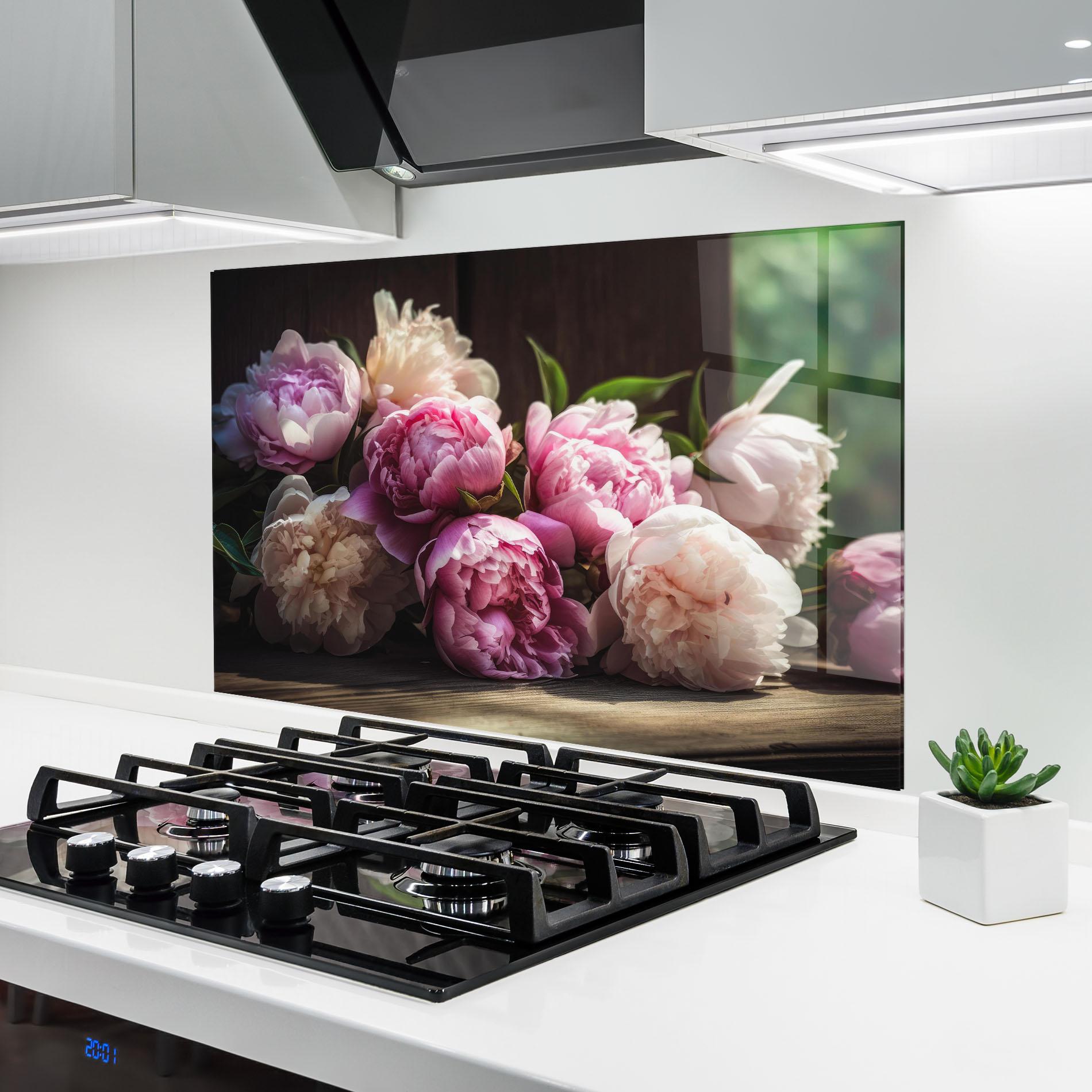 Konyhai üveg hátfal Peonies On The Table mockup 6