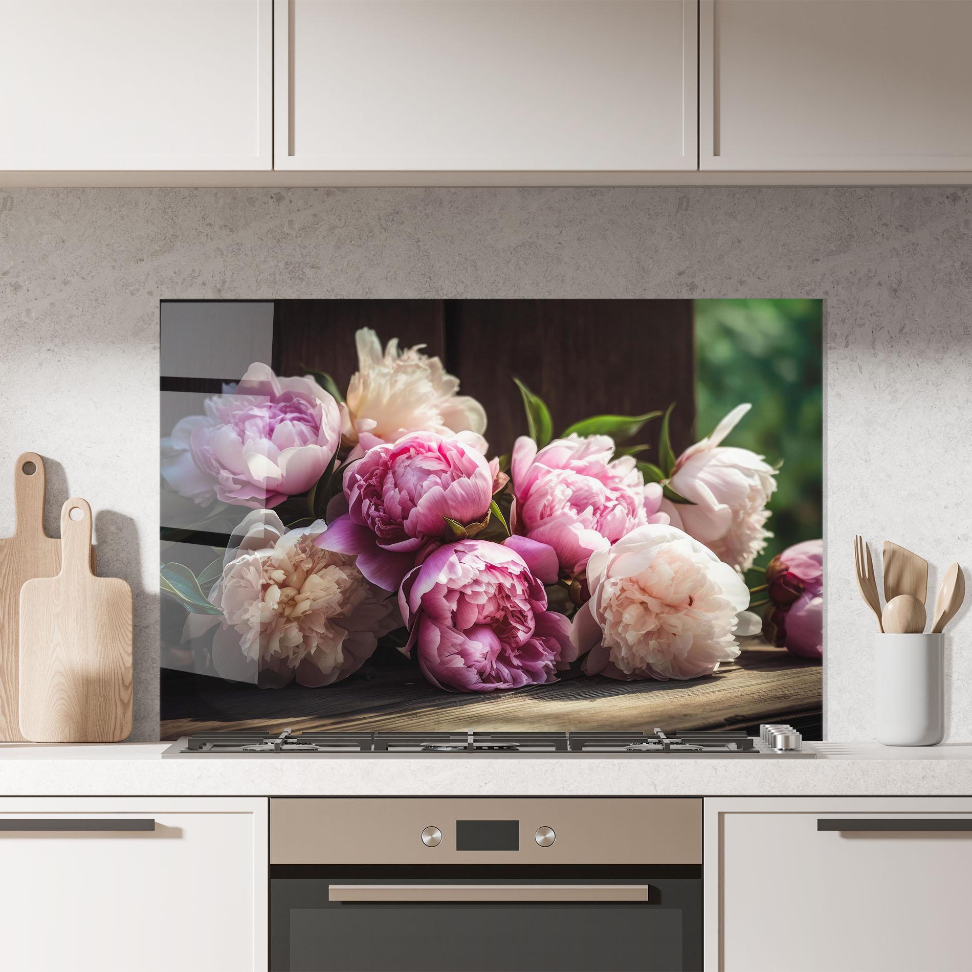 Konyhai üveg hátfal Peonies On The Table mockup 7