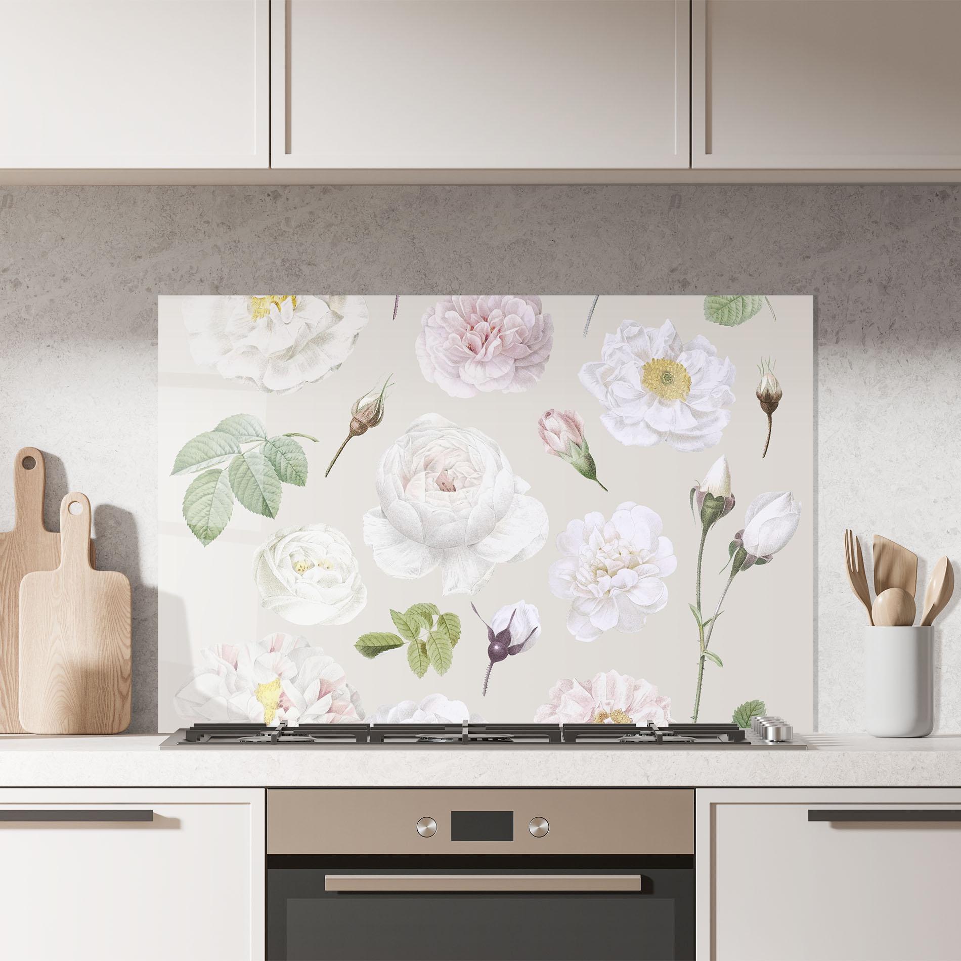 Konyhai üveg hátfal White Peony On Cream mockup 7