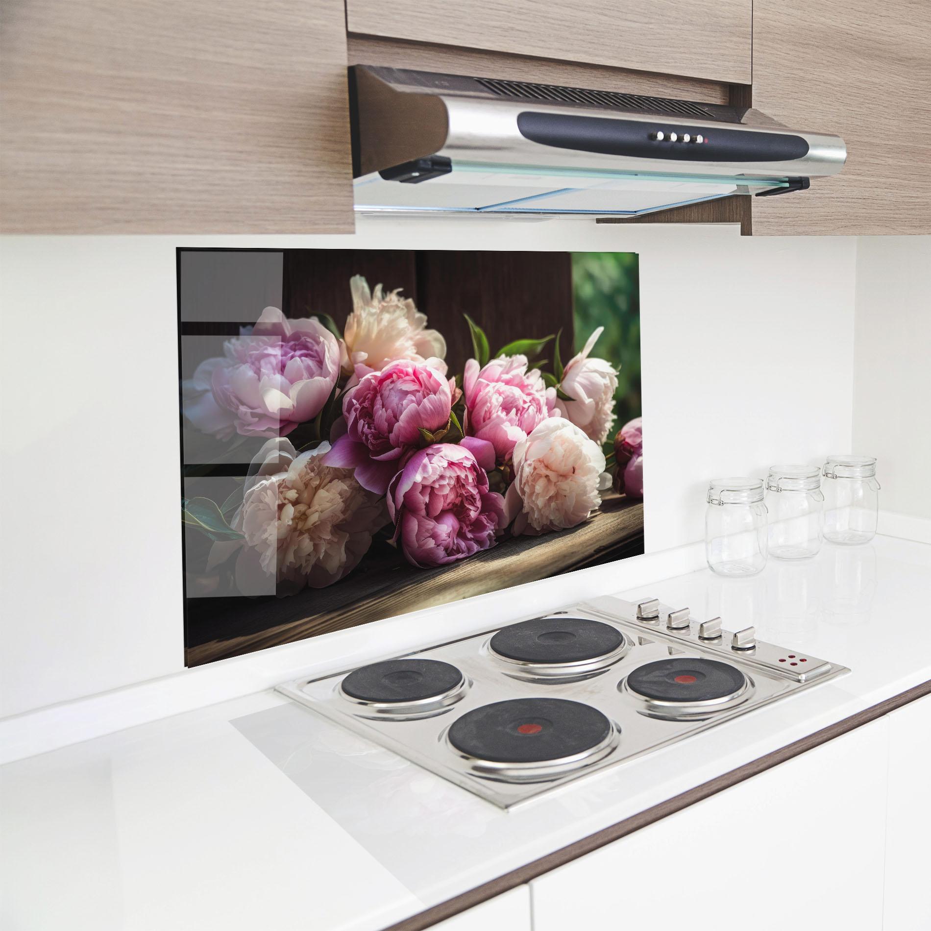 Konyhai üveg hátfal Peonies On The Table mockup 8