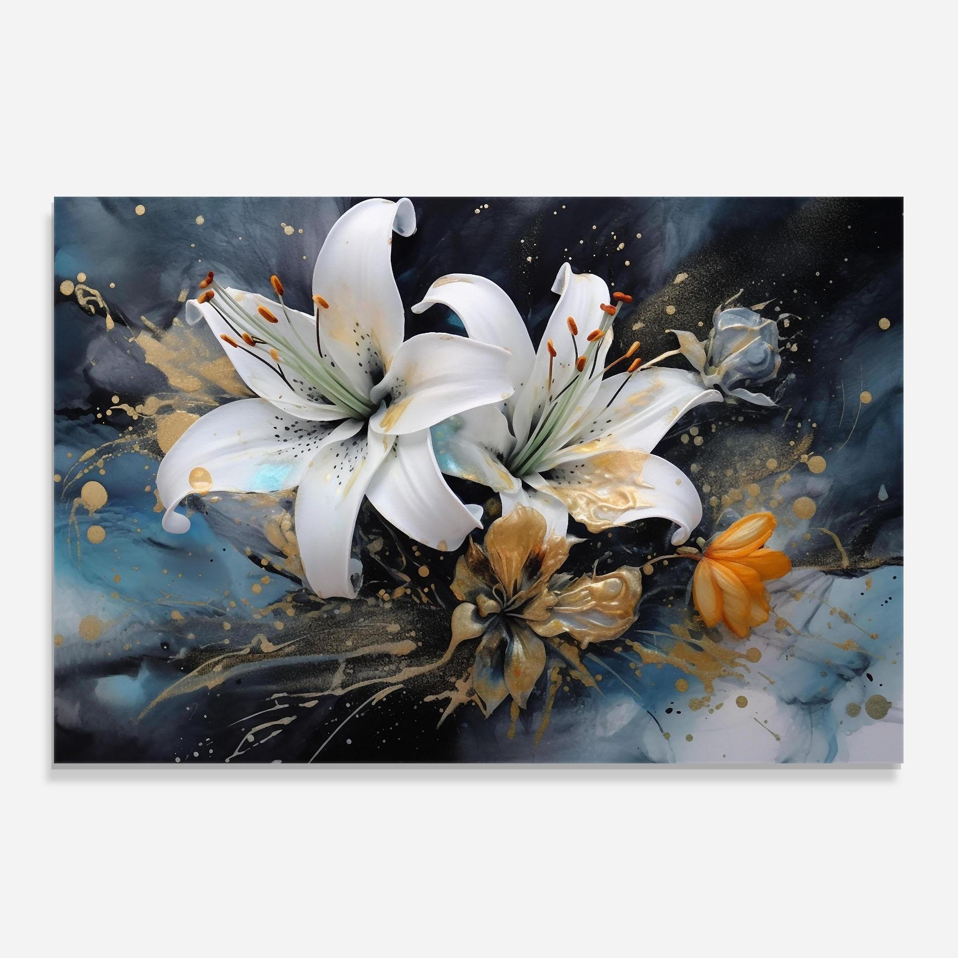 Konyhai üveg hátfal Lily On Blue Painting mockup 0