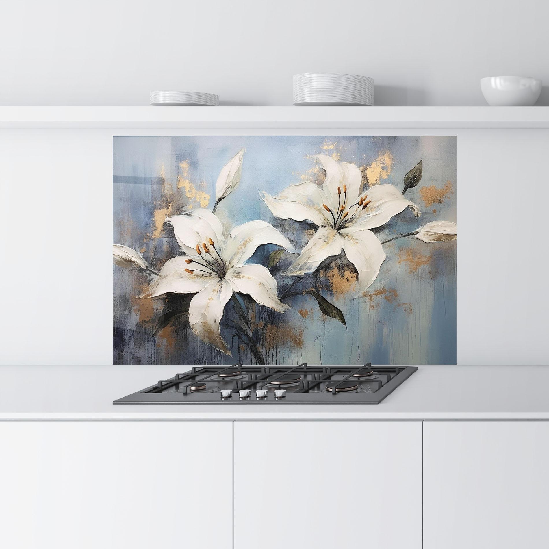Konyhai üveg hátfal Gold Lily Painting mockup 9