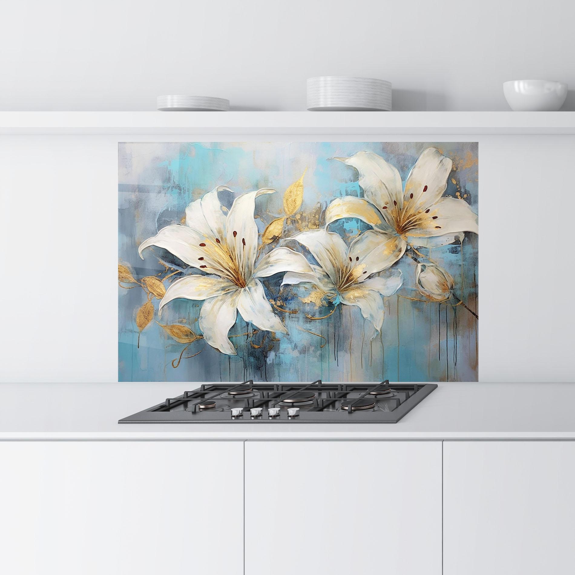 Konyhai üveg hátfal Lily With Gold Painting mockup 9