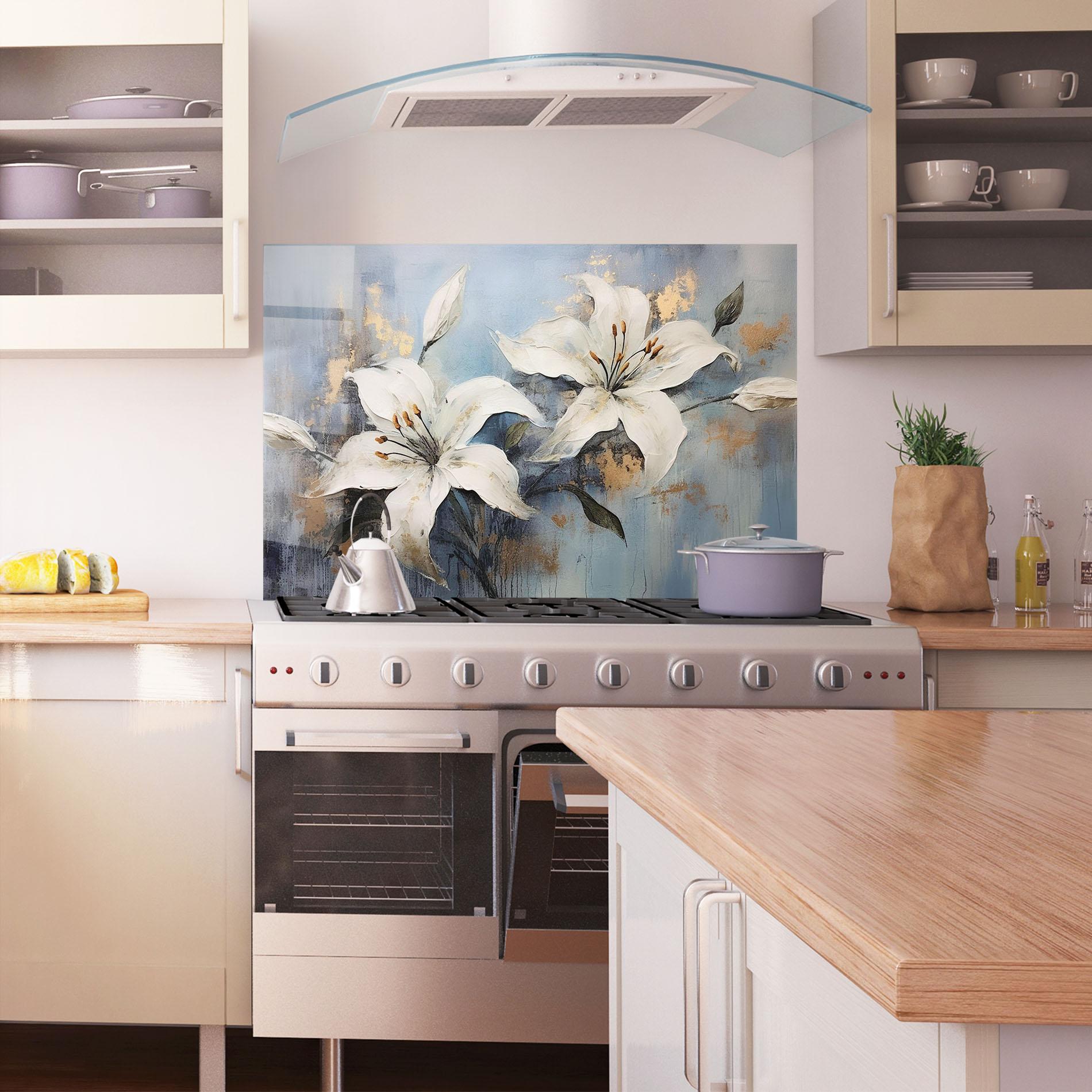 Konyhai üveg hátfal Gold Lily Painting mockup 1
