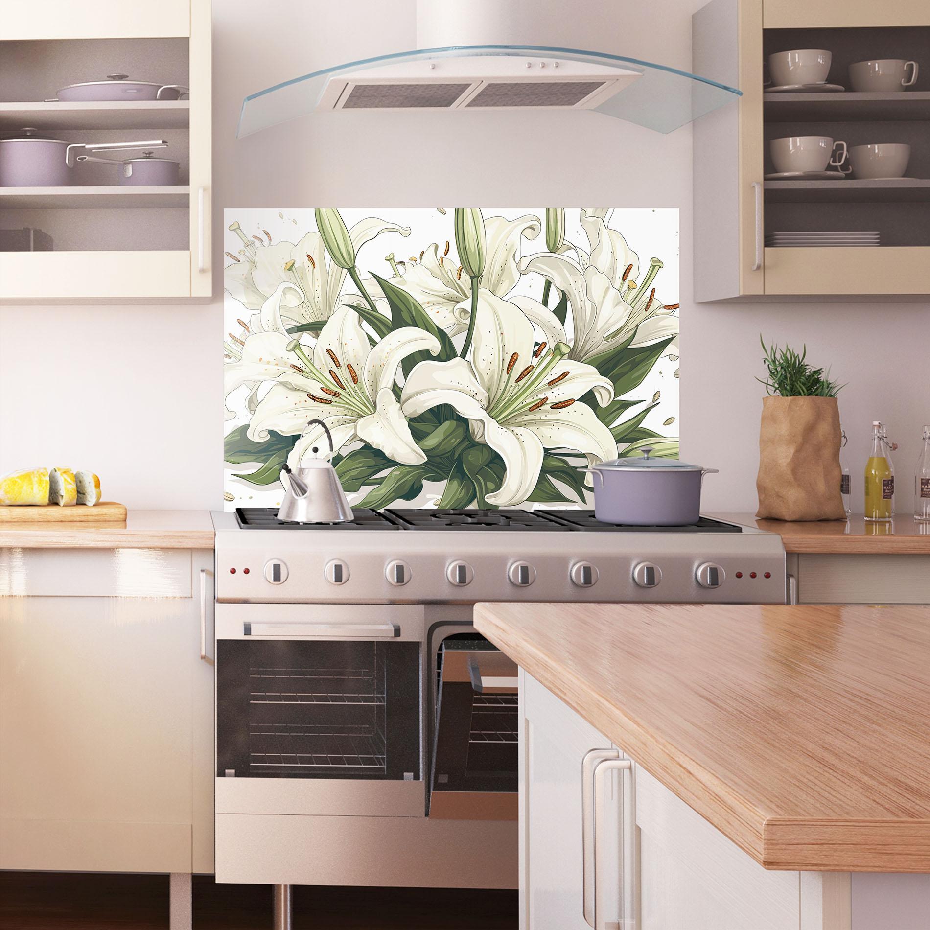 Konyhai üveg hátfal Grey White Lily mockup 1